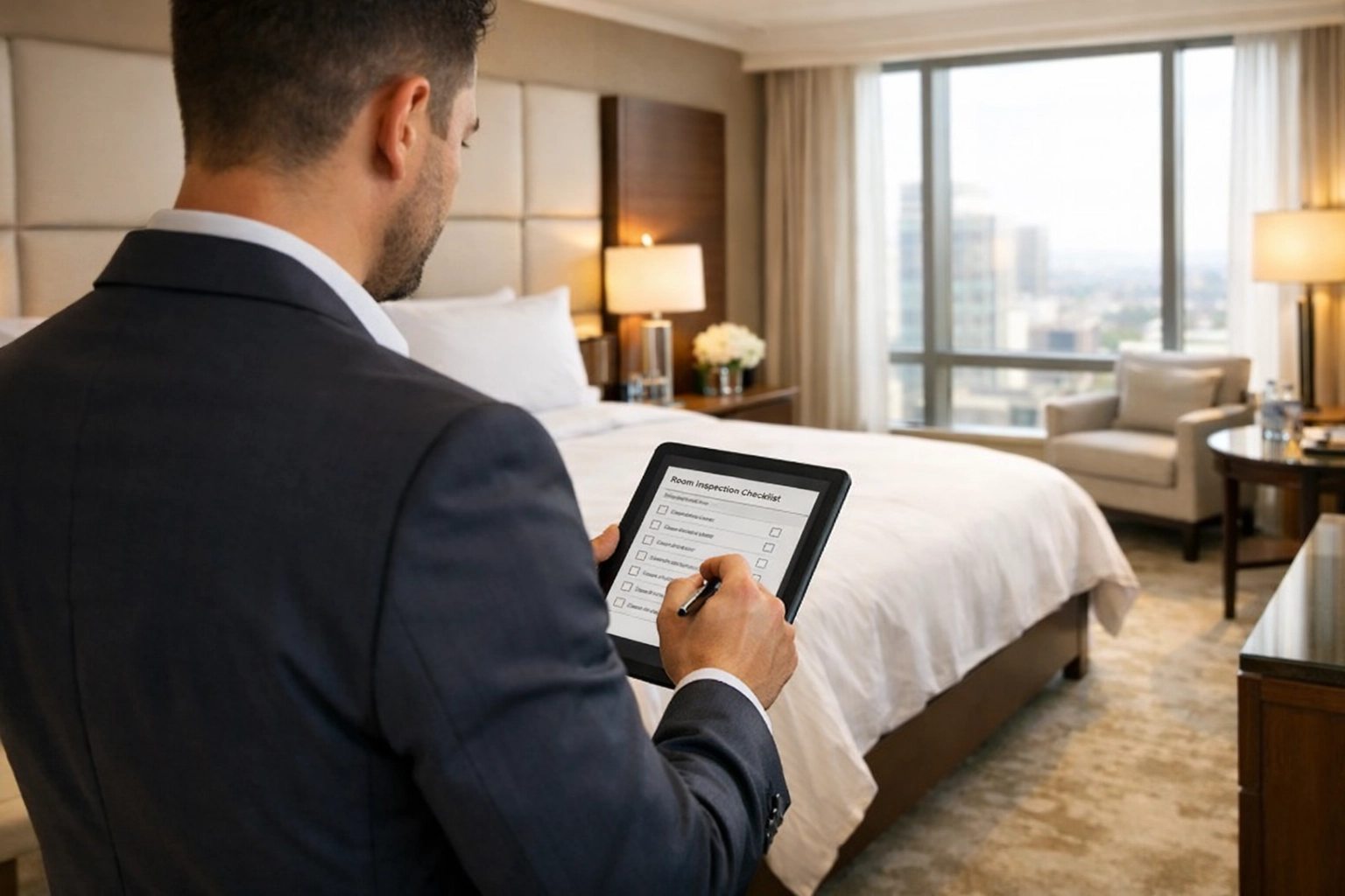 Hotel manager inspecting cleaned guest room for quality control and service standards