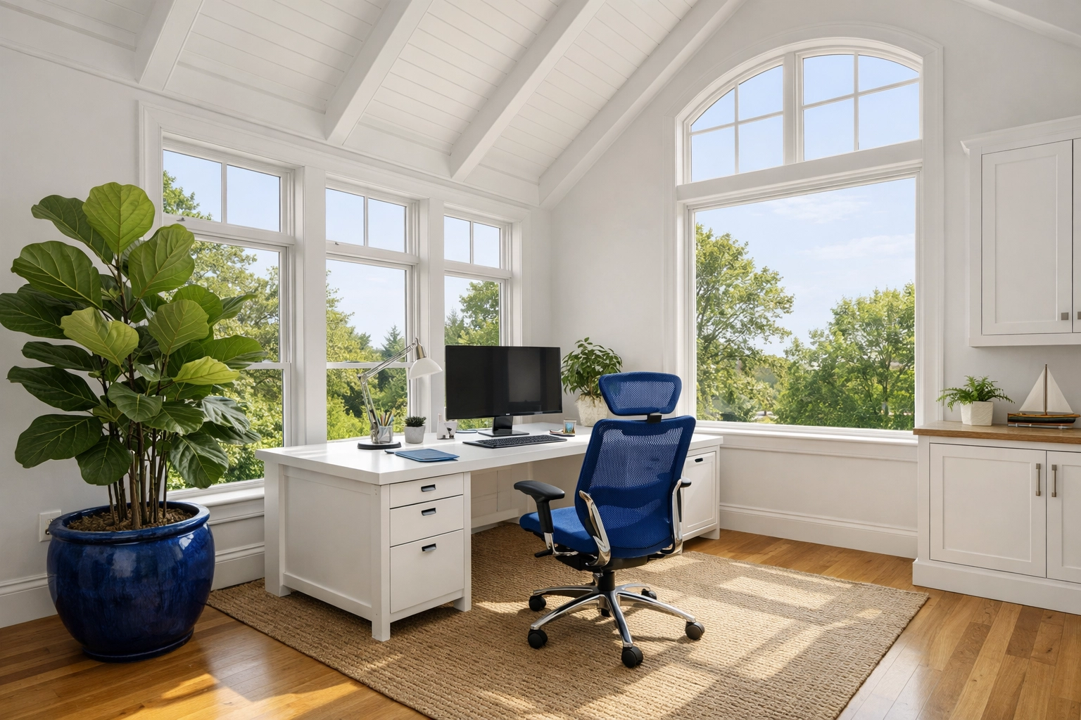 Bright and airy Lunenburg home office featuring clean surfaces and indoor plants for better air quality.