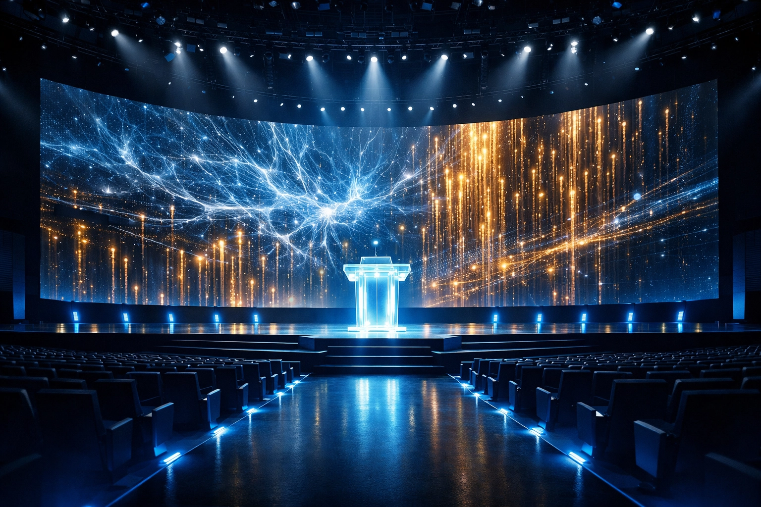 Futuristic stage with digital AI backdrop for expert professional speaking in the online business niche.
