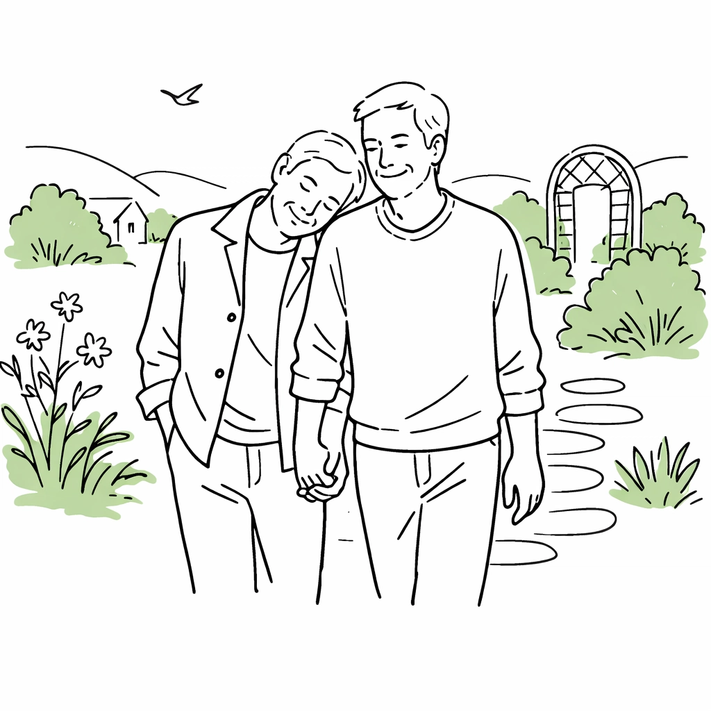 Hand-drawn art of two older men walking in a garden, celebrating a late-life gay romance.