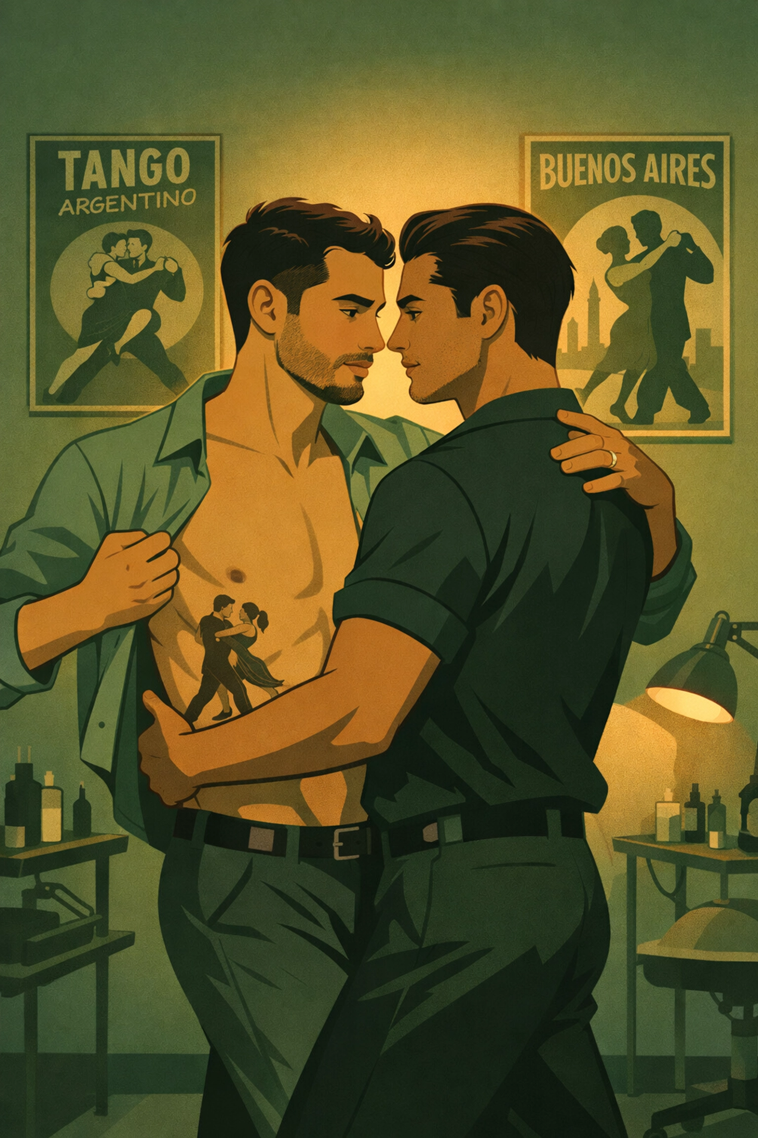 MM couple dancing tango in Buenos Aires tattoo parlor showing fresh ink