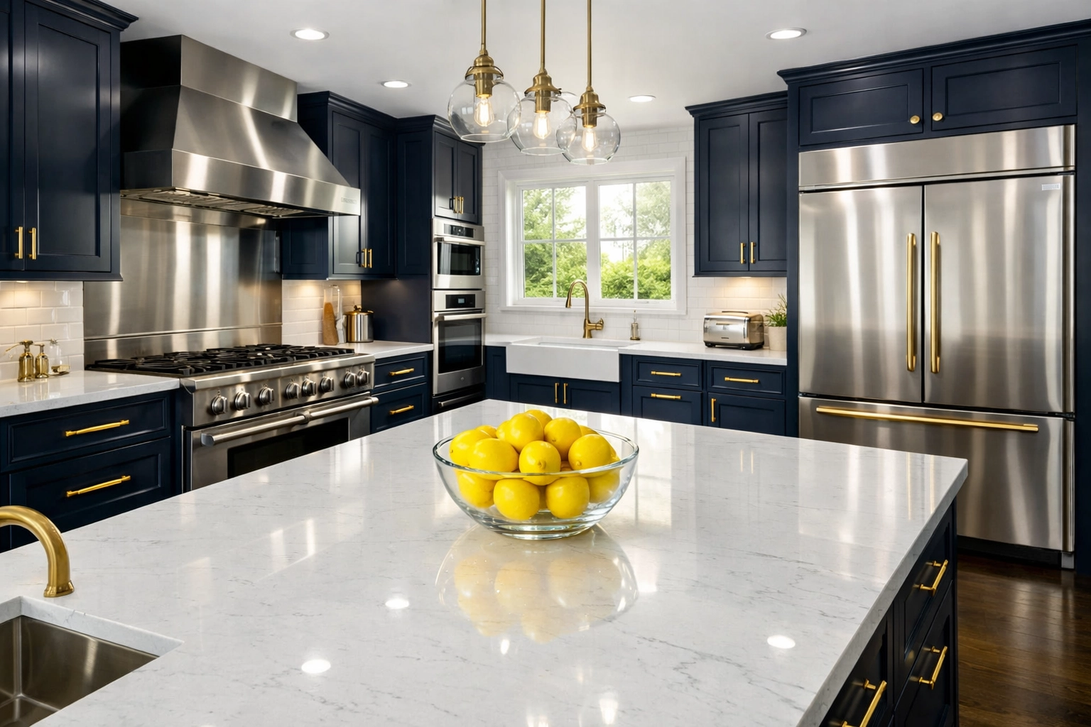 Spotless luxury kitchen with sanitized quartz countertops and blue cabinets after house cleaning Ashby MA.