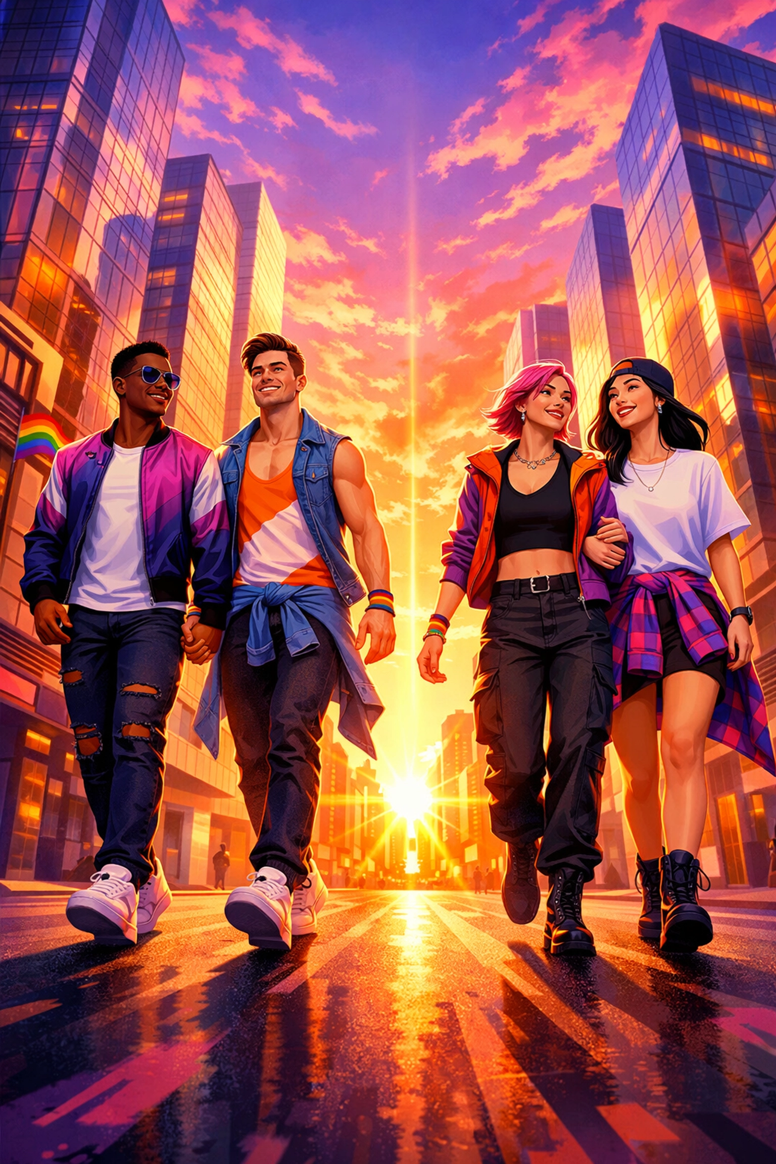 A diverse group of LGBTQ+ people walking toward a sunrise, representing the future of 2026 gay books.