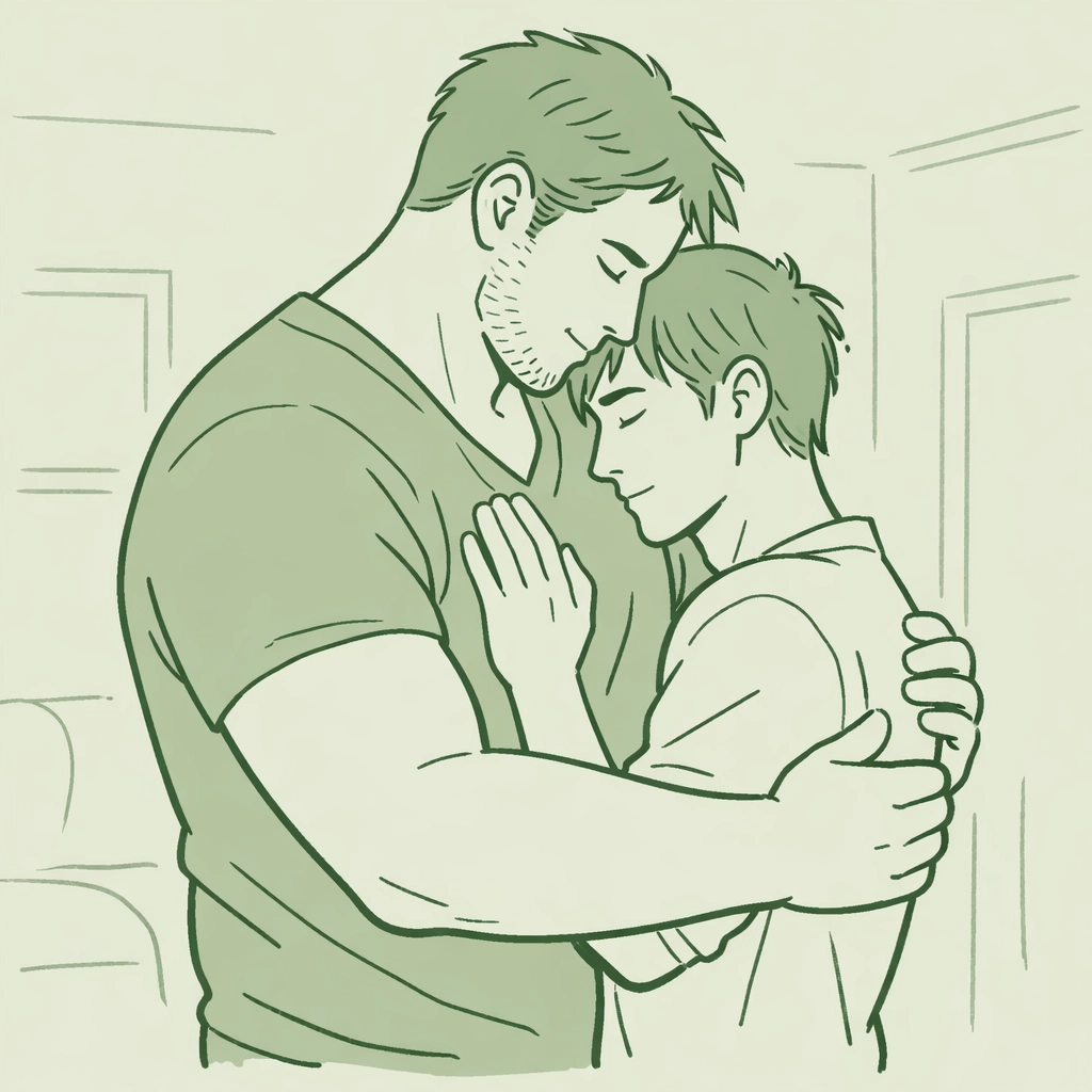 MM romance couple with size difference in protective embrace, bodyguard and tech genius