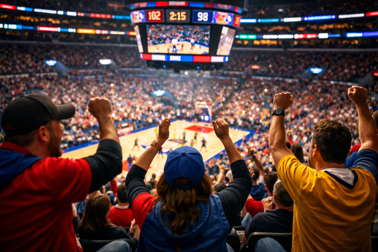 Engaged crowd at live sports event with spectators cheering during exciting game moment
