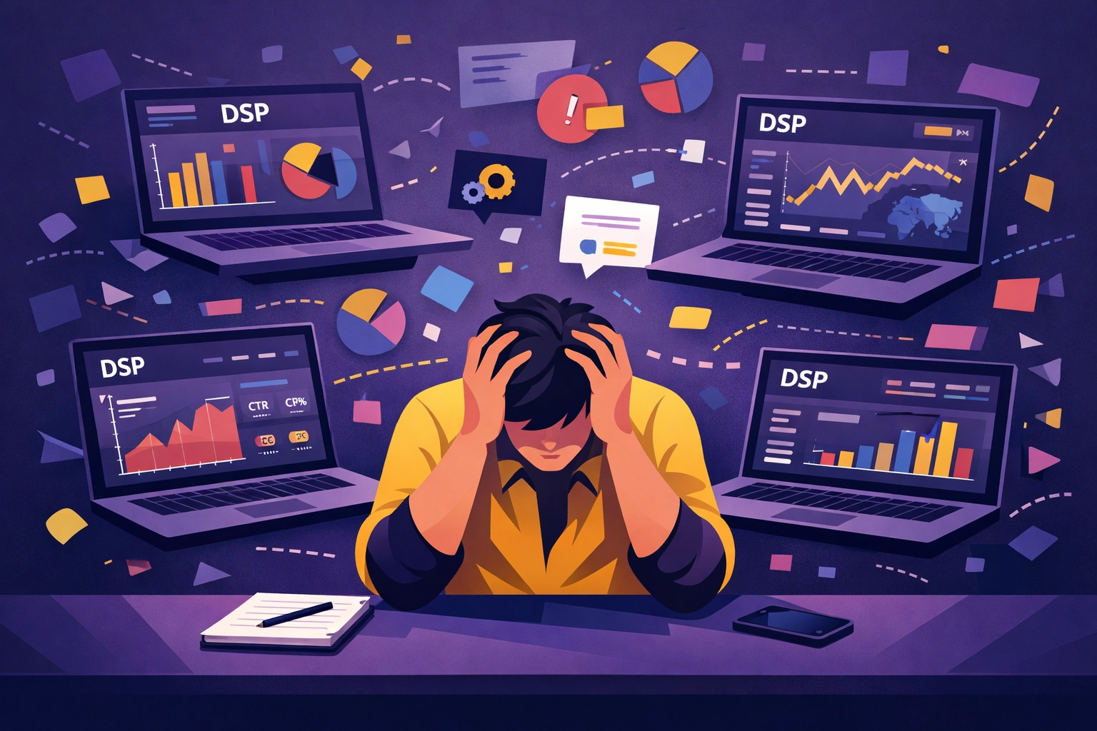 Agency professional overwhelmed by multiple DSP dashboards in programmatic advertising