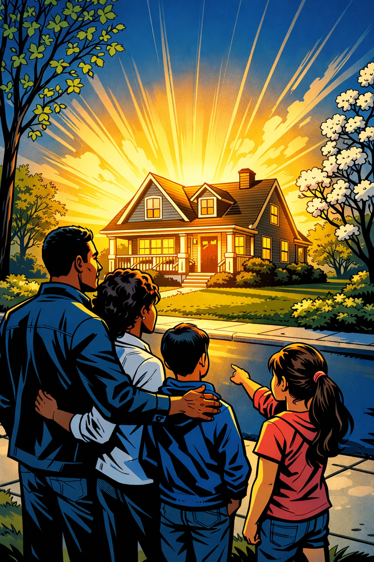 Happy family admiring a golden suburban home during the best time to sell home CT in April 2026.