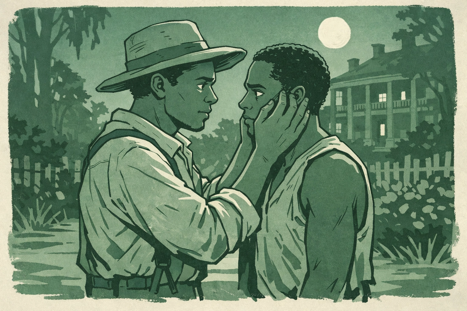 Tender moment between men in moonlit garden despite danger in MM historical fiction