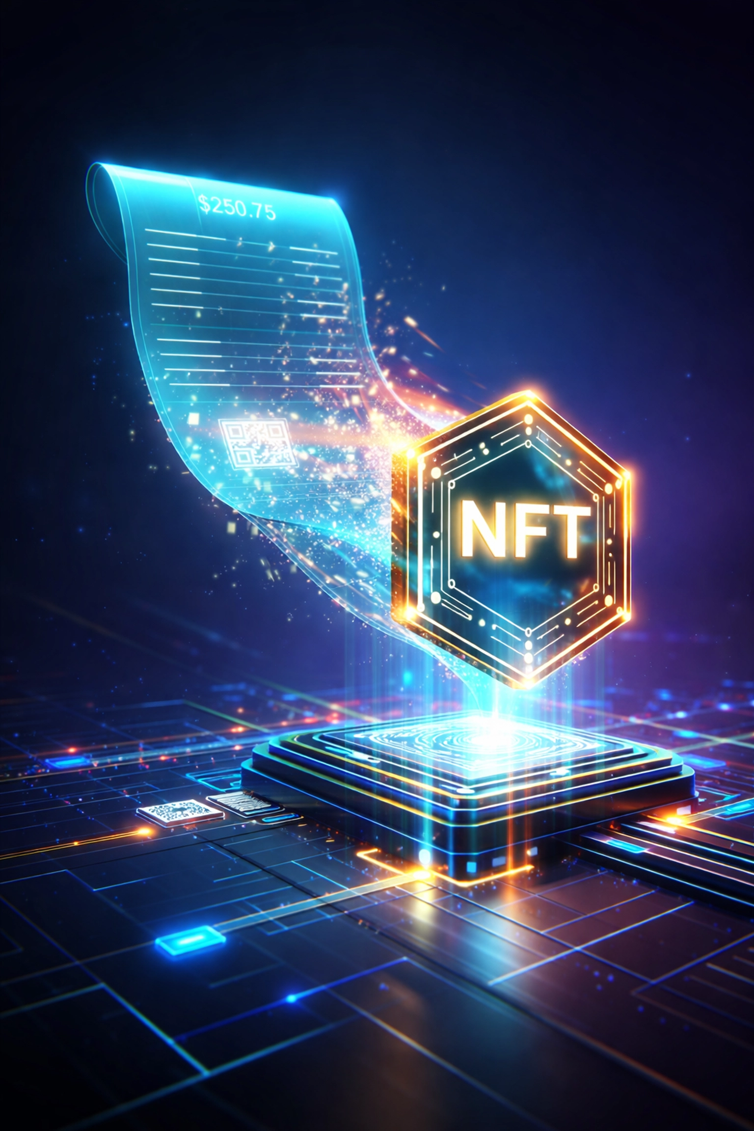 Digital receipt changing into NFT token above a blockchain network, illustrating secure on-chain bookkeeping for crypto accounting.