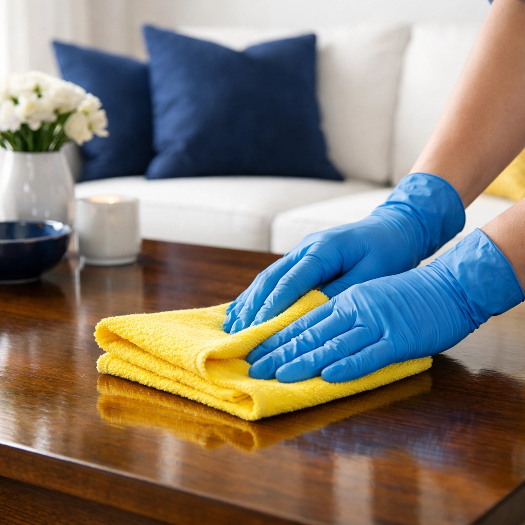 Professional cleaners MA dusting a Springfield living room using a yellow microfiber cloth for a ninja-clean finish.