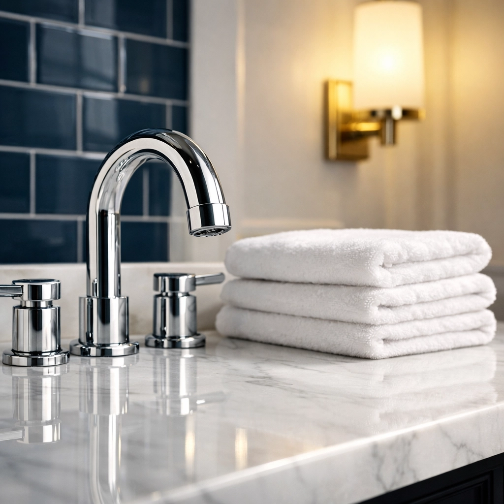 Sparkling clean bathroom vanity with polished chrome and fresh towels for last-minute guests.