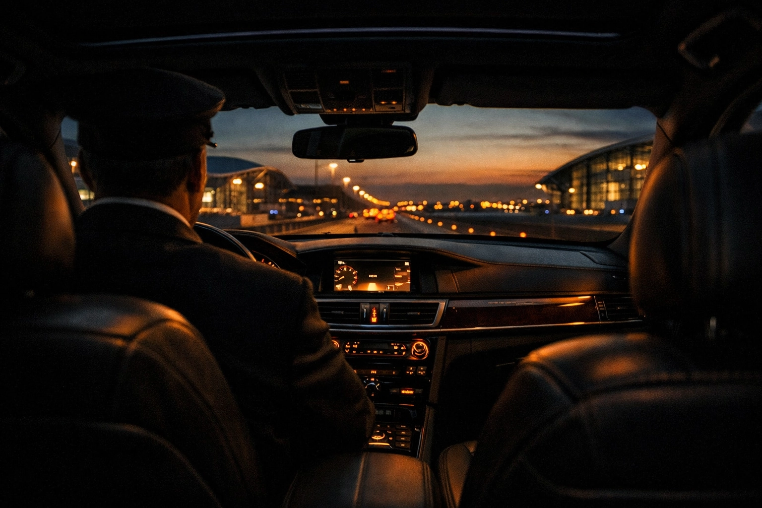The Standard of Arrival: Why Reliability is the Ultimate Luxury in Orange County Airport Transportation 3 Interior view of executive black car service approaching airport with professional chauffeur