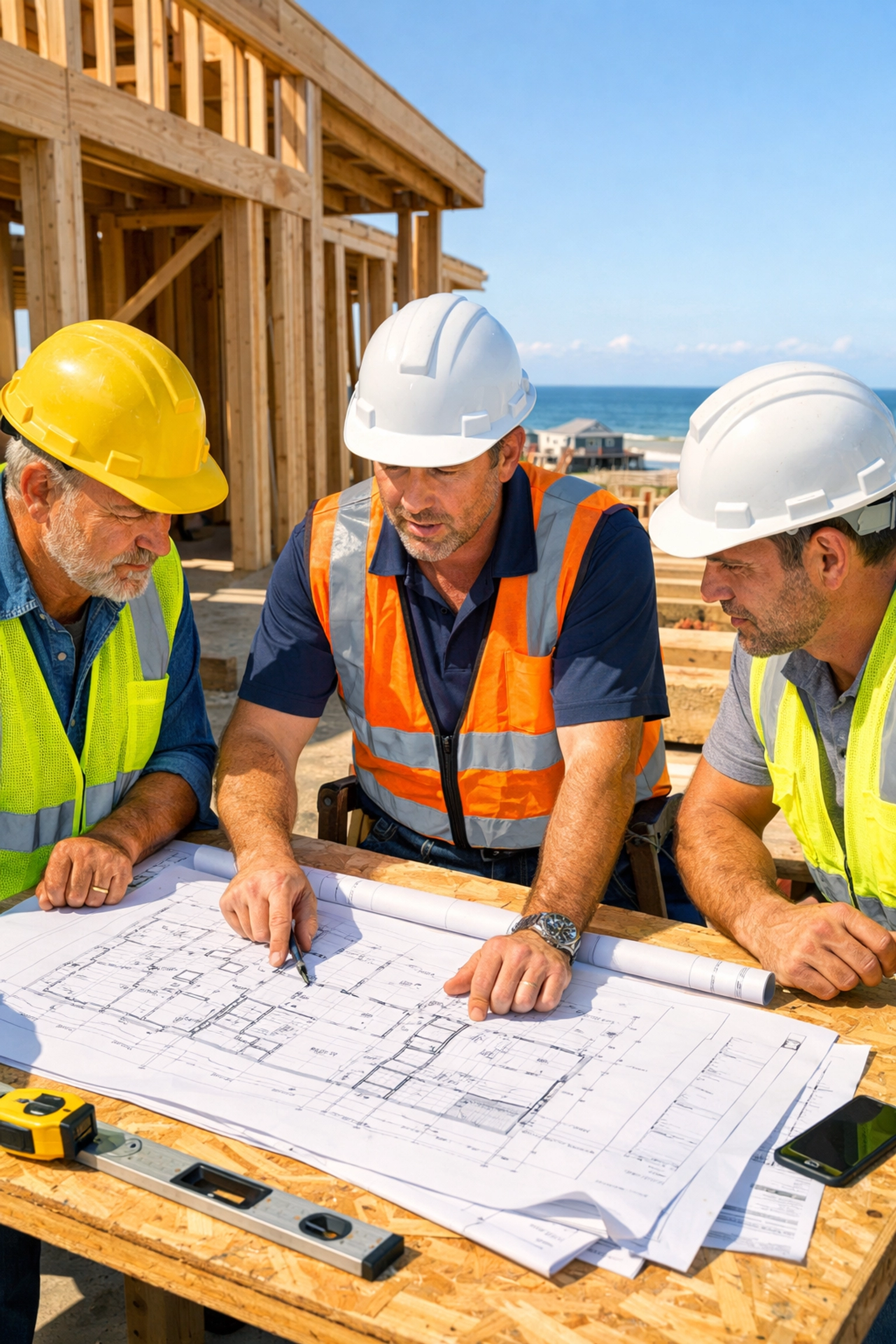 General contractor reviewing blueprints with subcontractors at coastal North Carolina construction site