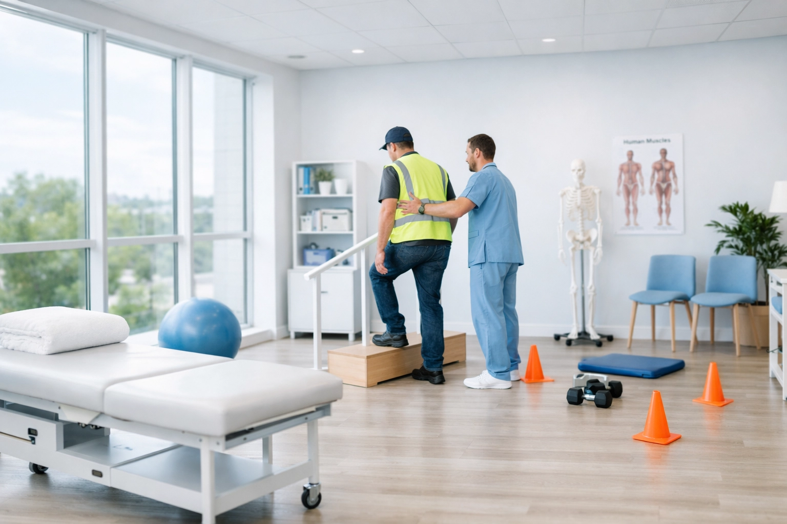 Specialist at an occupational health clinic guiding a worker through a return-to-work recovery program.
