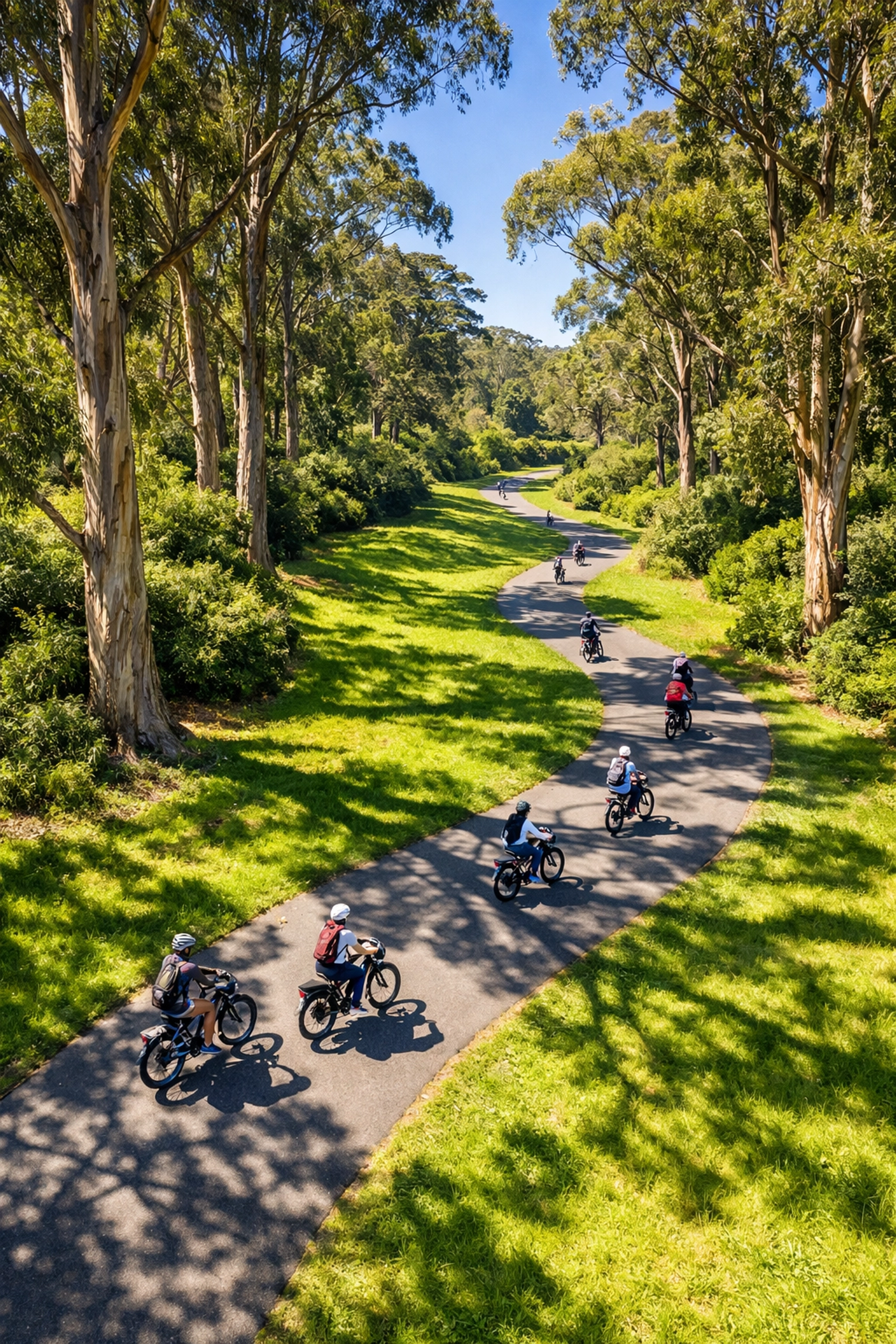 Aerial view of cyclists on electric bikes riding through tree-lined golden gate park bike paths