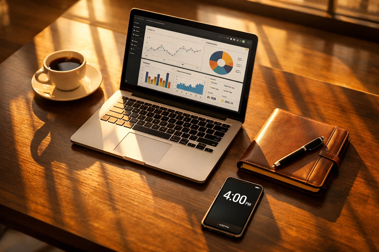 4PM workspace showing laptop with analytics dashboard for Dakdan's daily content strategy