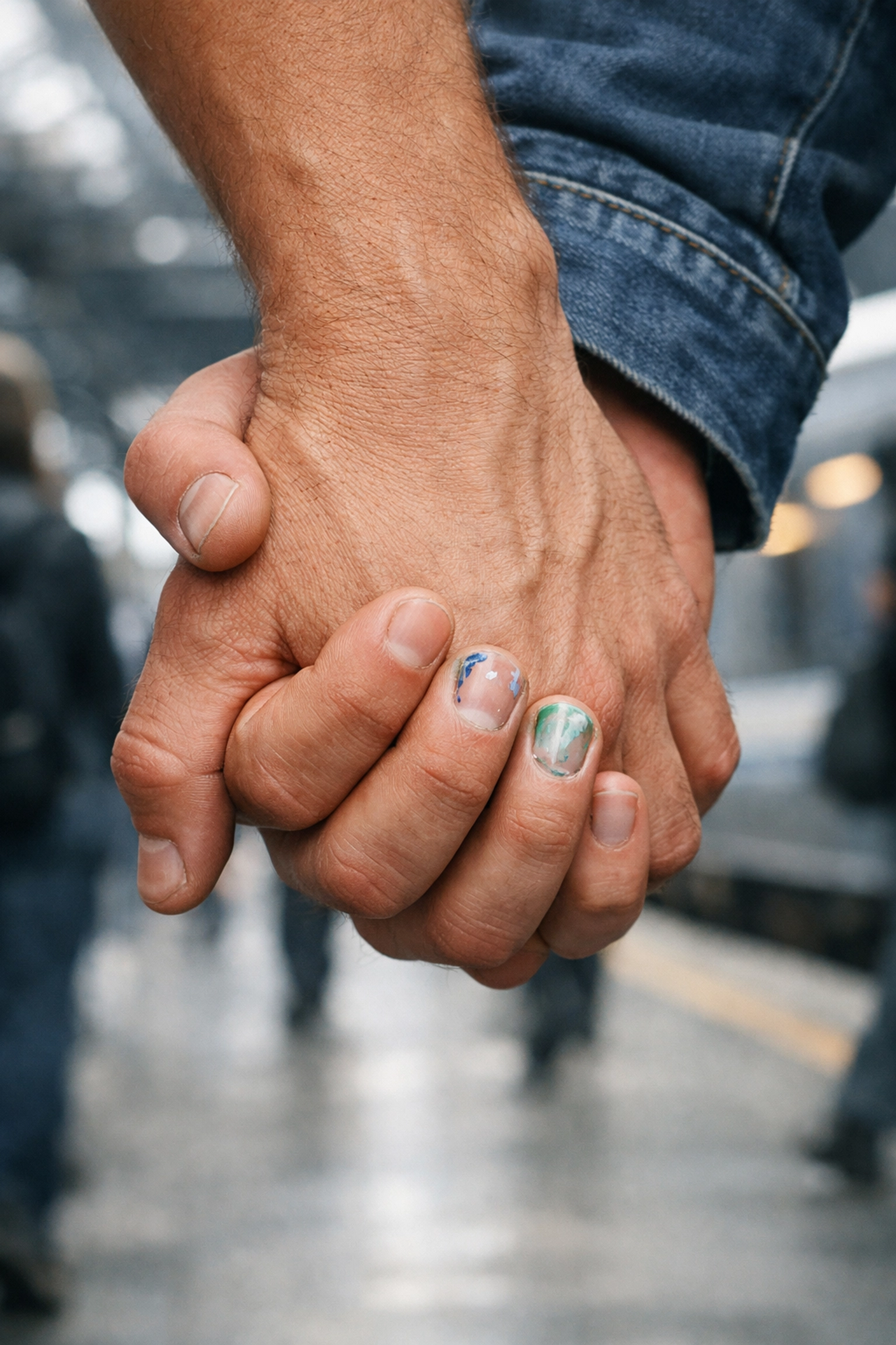 Two men holding hands at train station farewell in gay romance film Weekend