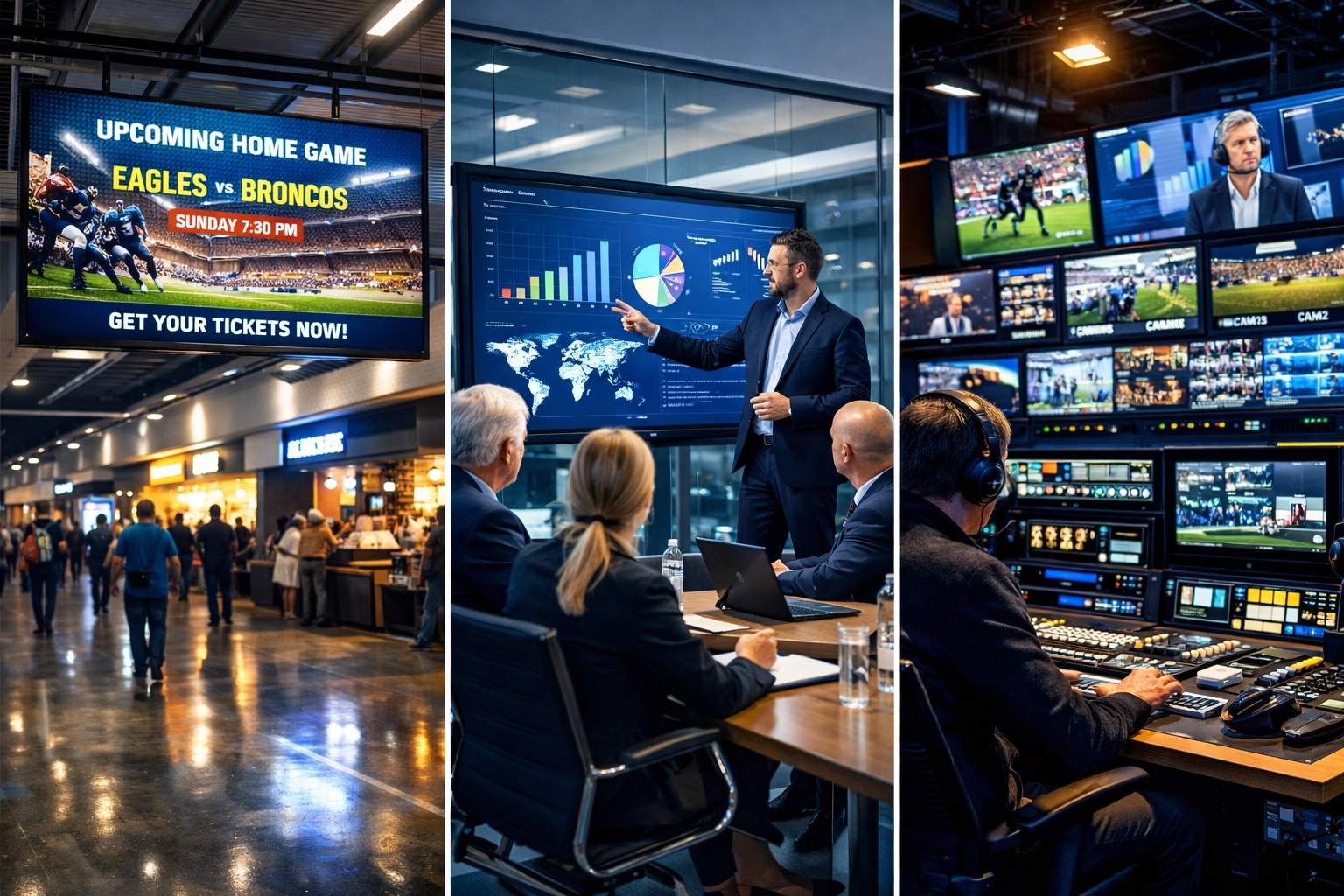 Dakdan technology services across sports venues, consulting presentations, and broadcast control rooms