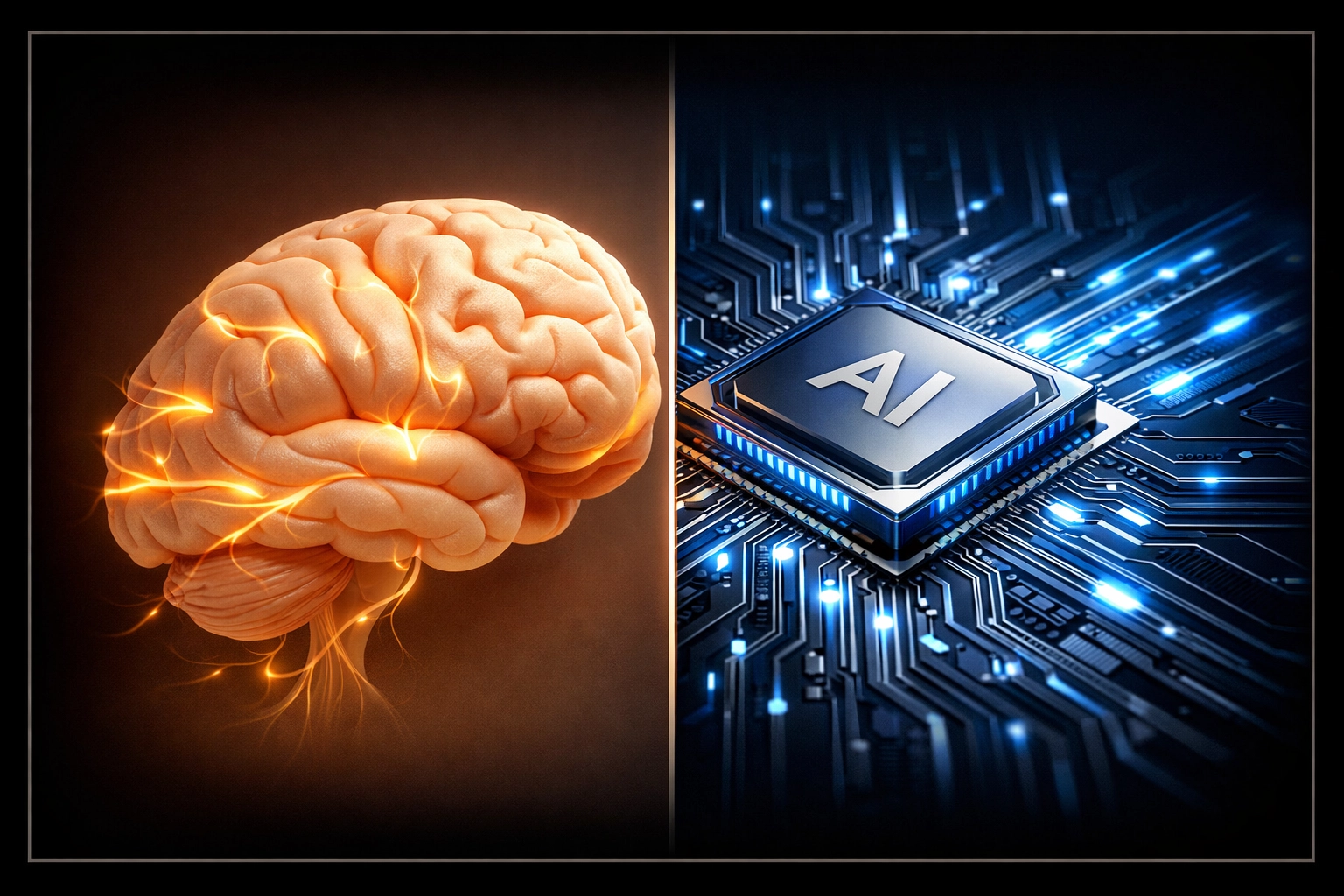 Split view of human brain and AI chip illustrating two-speed thinking in AI era