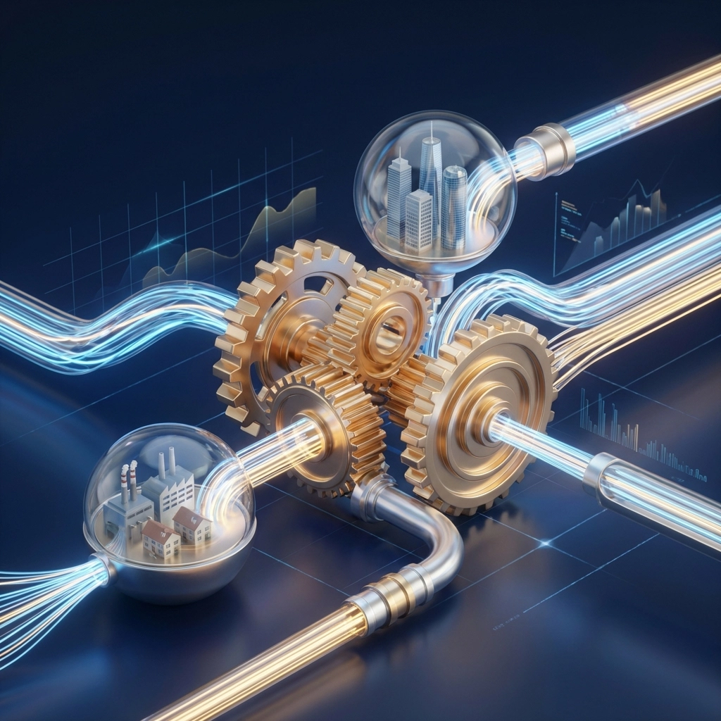 Abstract concept of investment strategy with golden gears and buildings, highlighting financial alignment and capital flow.