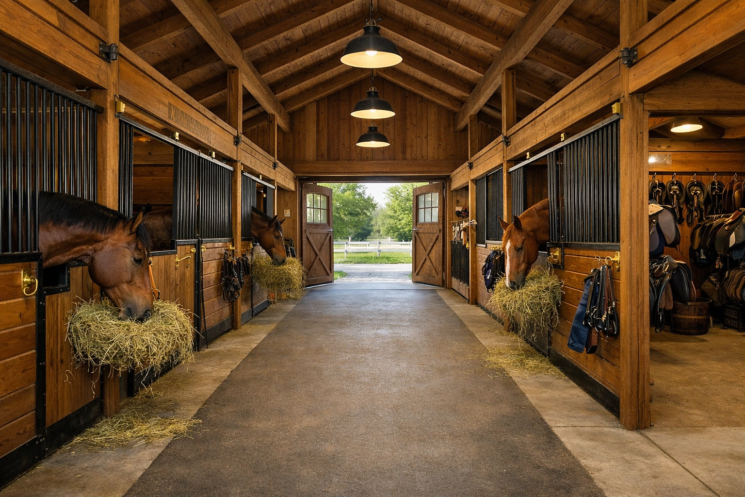 Well-maintained horse barn interior in Davidson with center aisle and spacious stalls