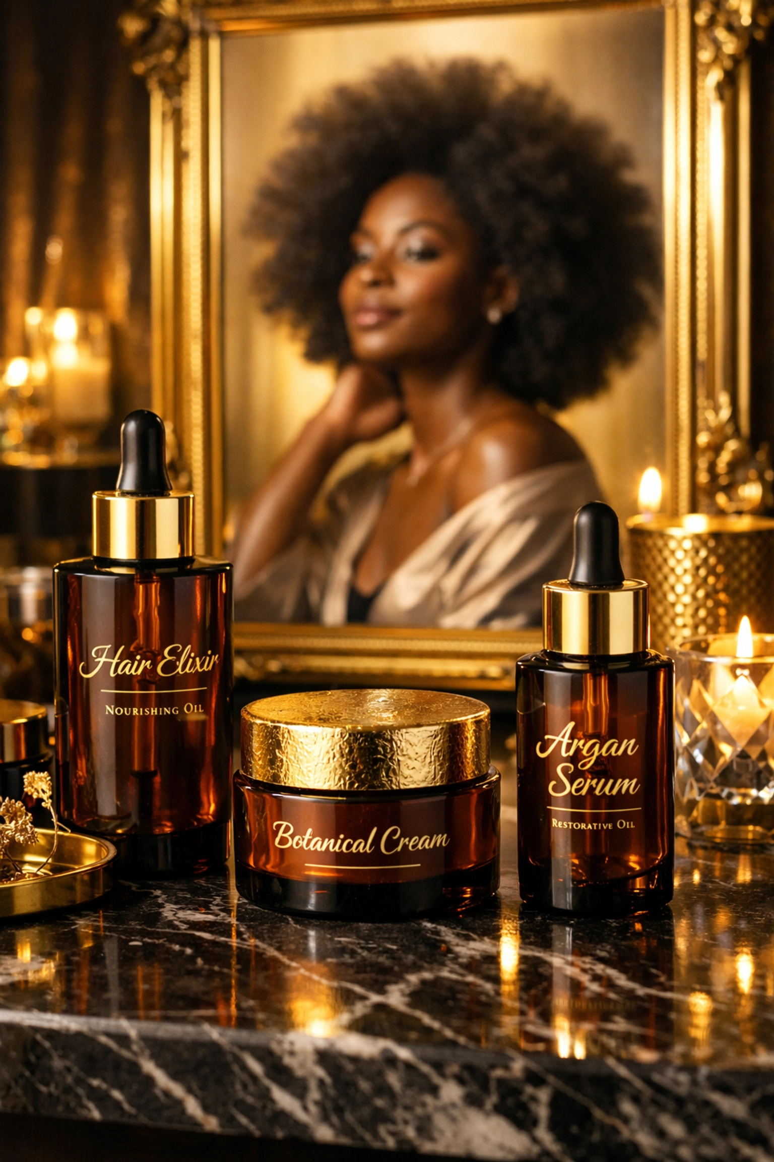 Looking for Black-Owned Brands? Here Are 10 Buyblack Finds Inspired by Sonny’s Black People of Interest Premium Black-owned hair care products on a vanity, featuring a woman with a natural afro in a gold mirror.