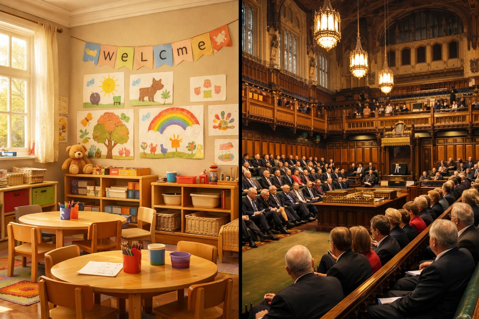 Nursery classroom and government building illustrating UK child safety policy and reform debate