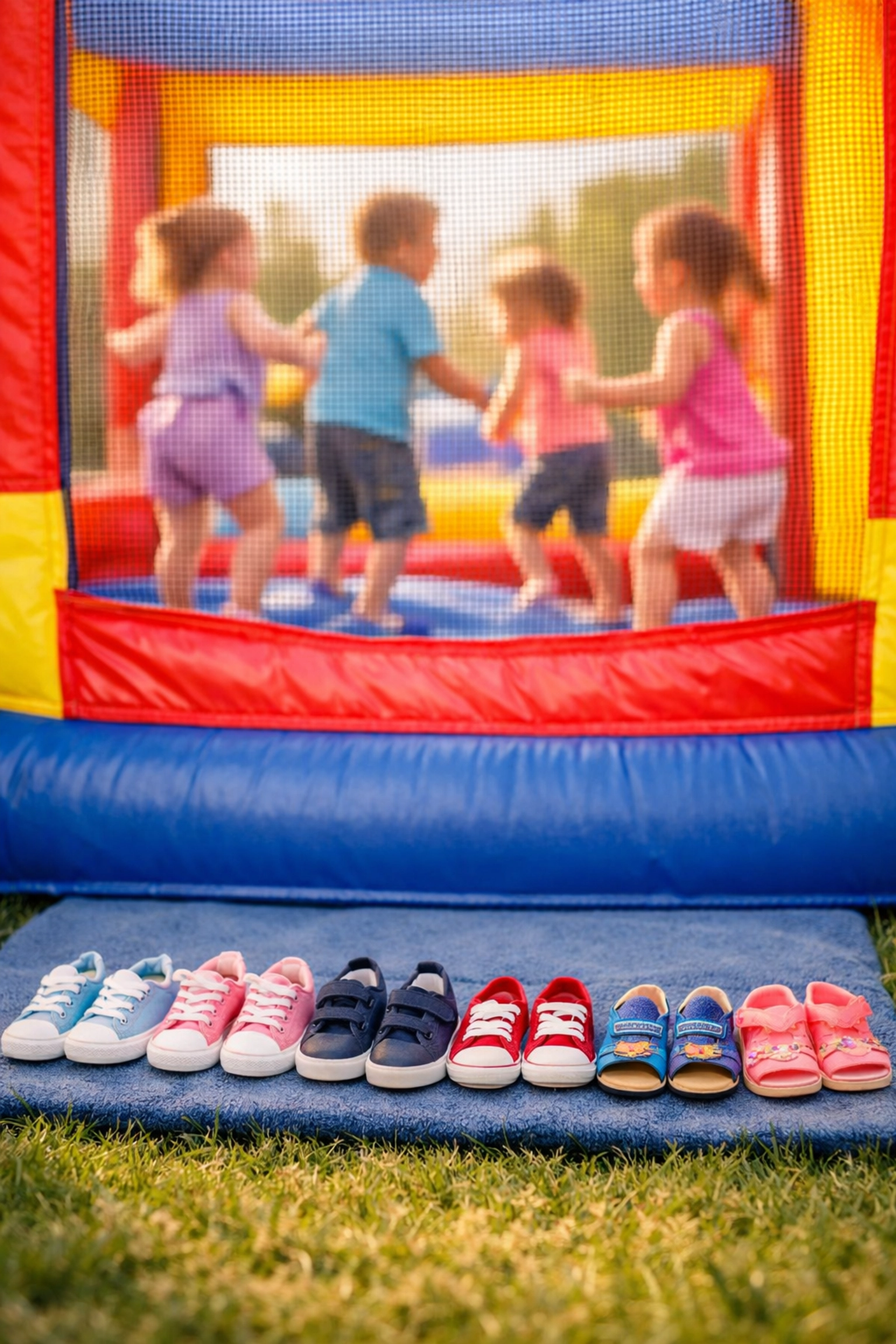 Kids' shoes neatly organized outside a safe toddler bounce house at a birthday event.