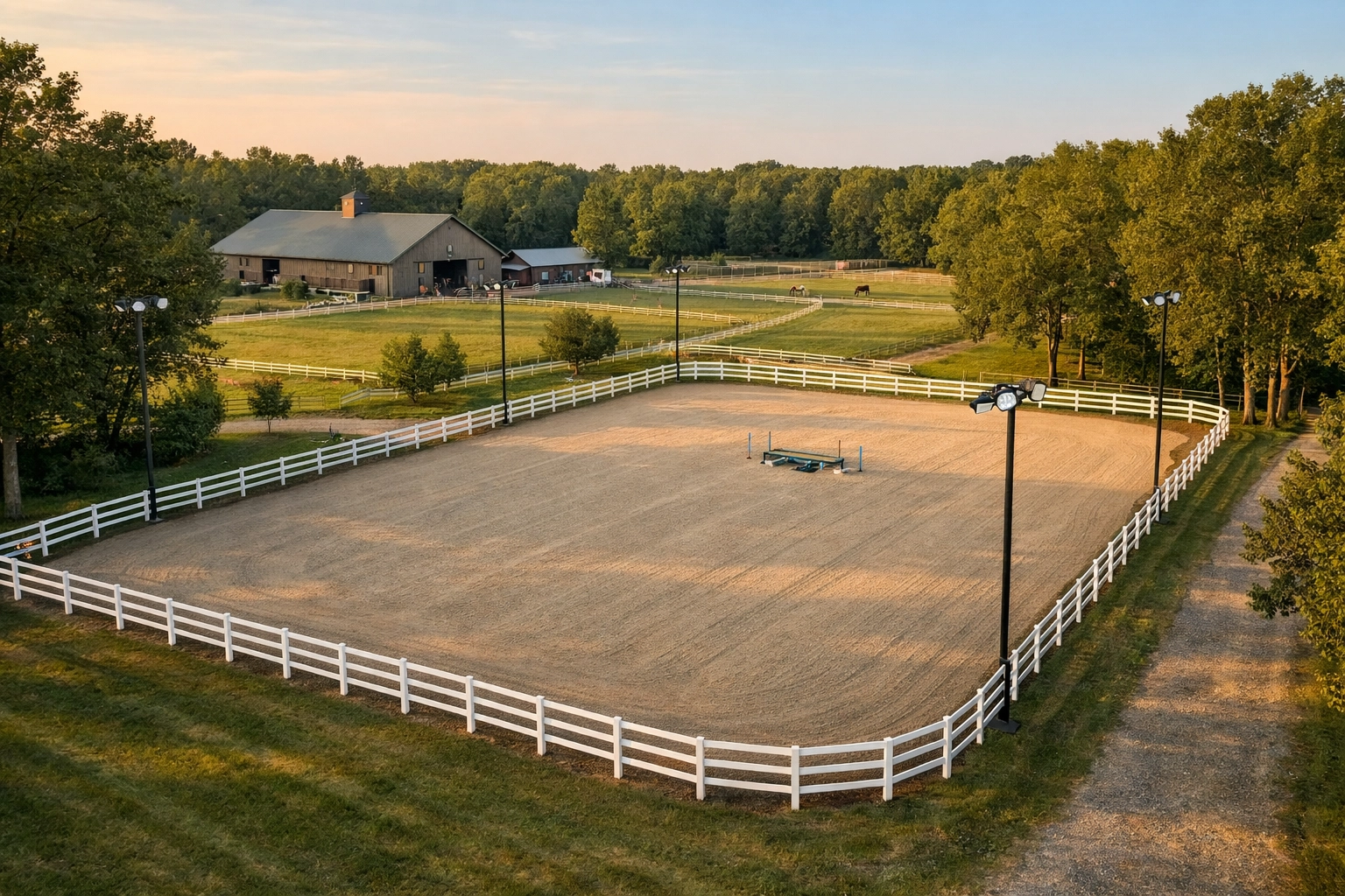 Lighted riding arena on horse farm with quality footing and fencing in Waxhaw