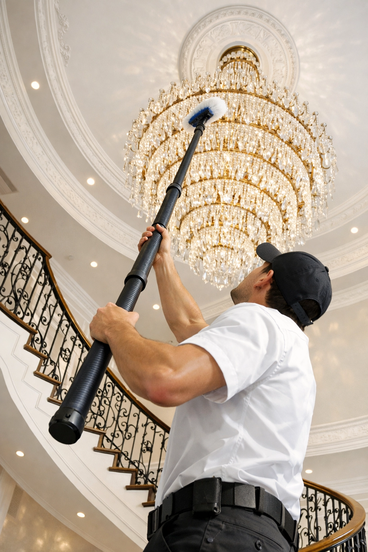 Professional cleaner dusting a crystal chandelier in a luxury Carlisle home foyer.