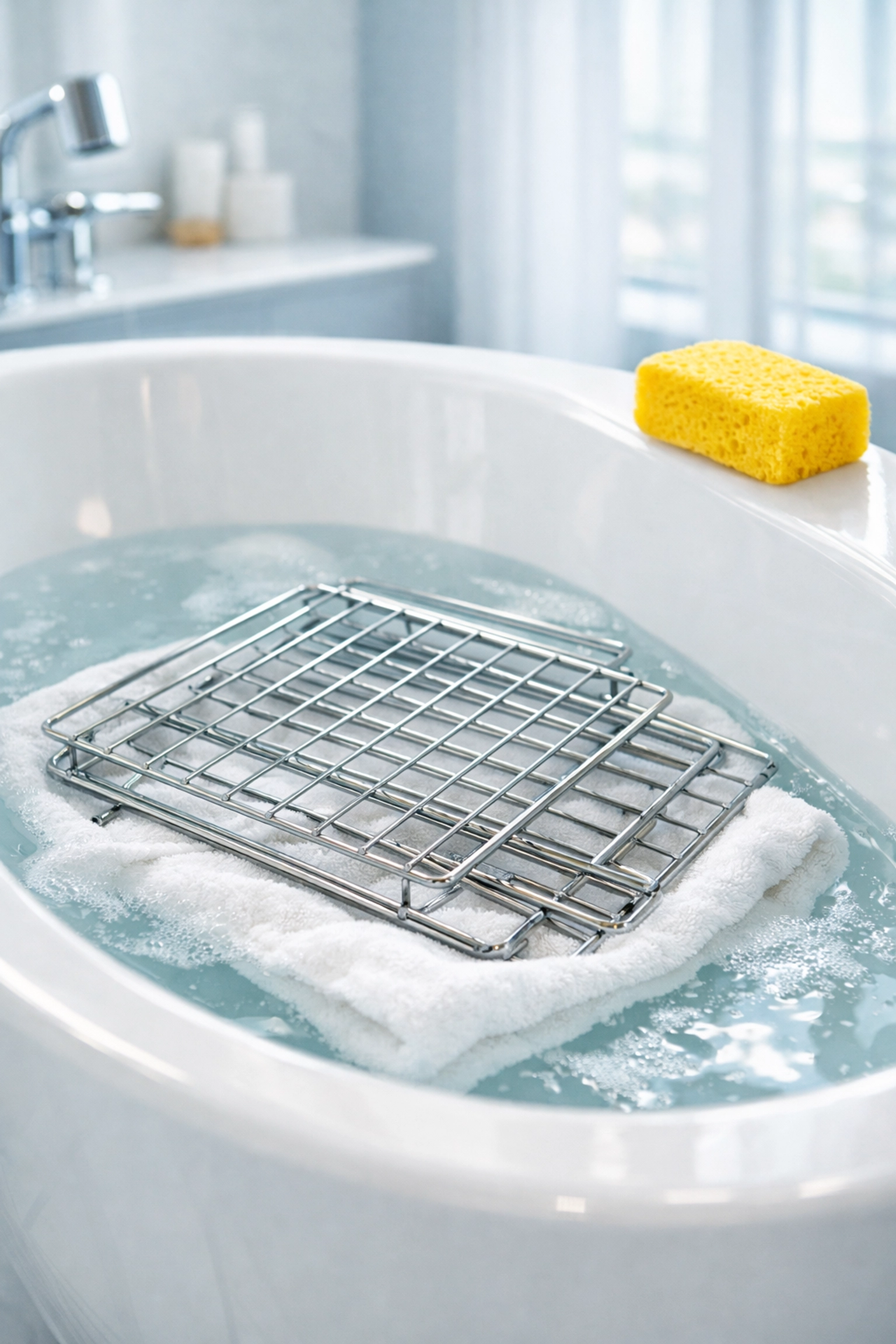 Metallic oven racks soaking in a bathtub with soapy water to remove baked-on grease.