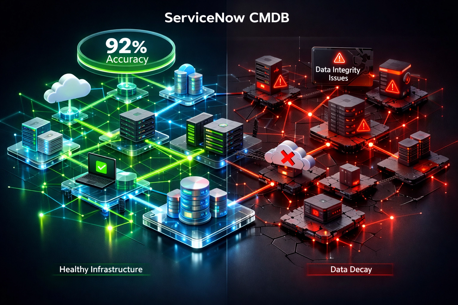 ServiceNow CMDB infrastructure showing healthy 92% accuracy vs degraded data connections