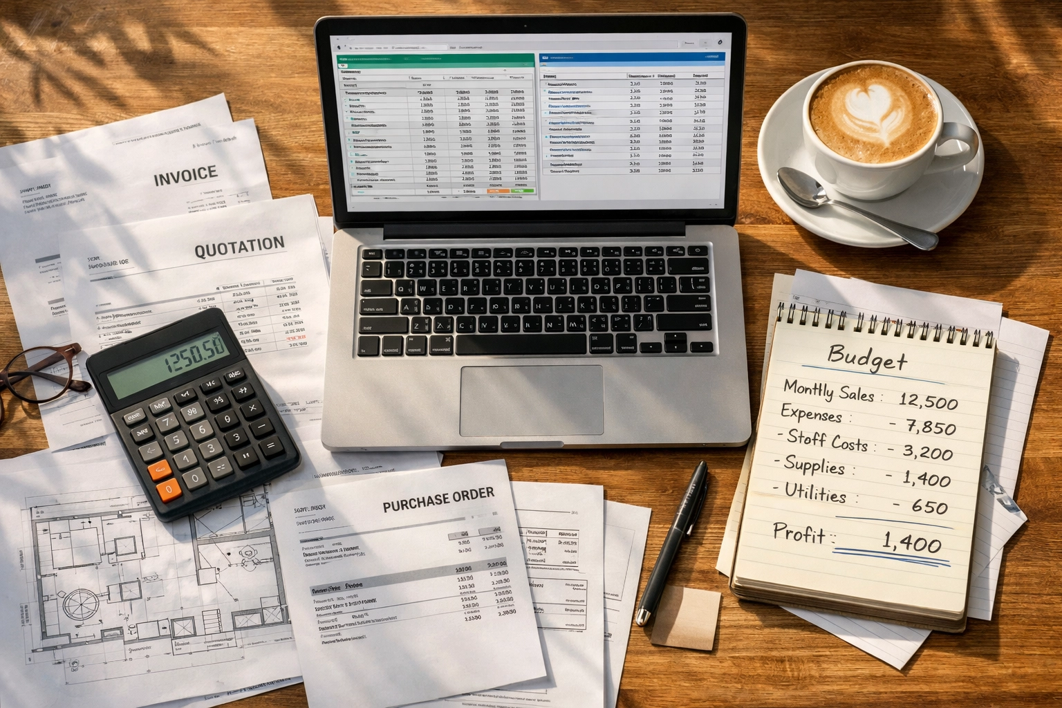 Coffee shop financial planning workspace with budget spreadsheets and calculations
