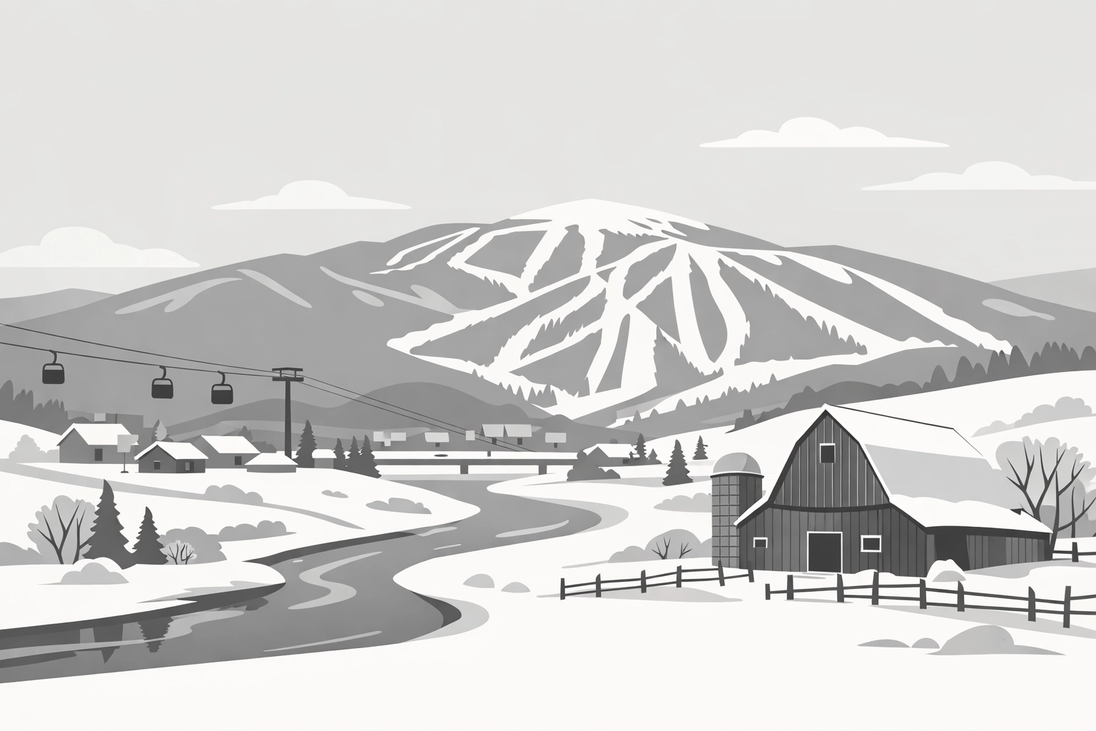 A minimalist winter illustration of Steamboat Springs with Mount Werner, a gondola line, and the Yampa River.