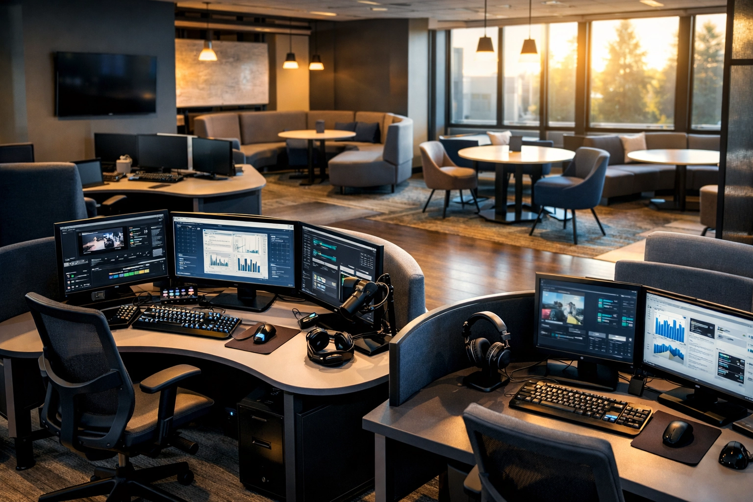 Modern career training pod workspace with collaborative seating and multiple workstations