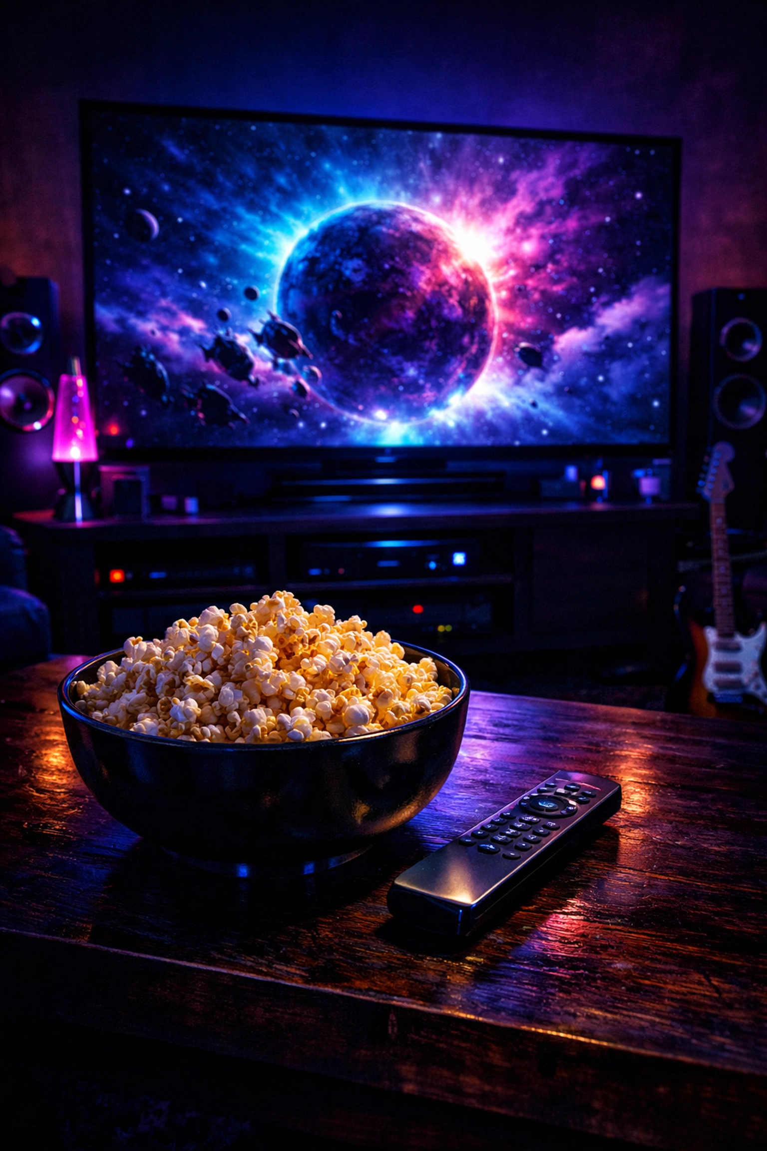 Home theater setup with popcorn, perfect for streaming the latest Keanu Reeves comedy or Netflix thriller.