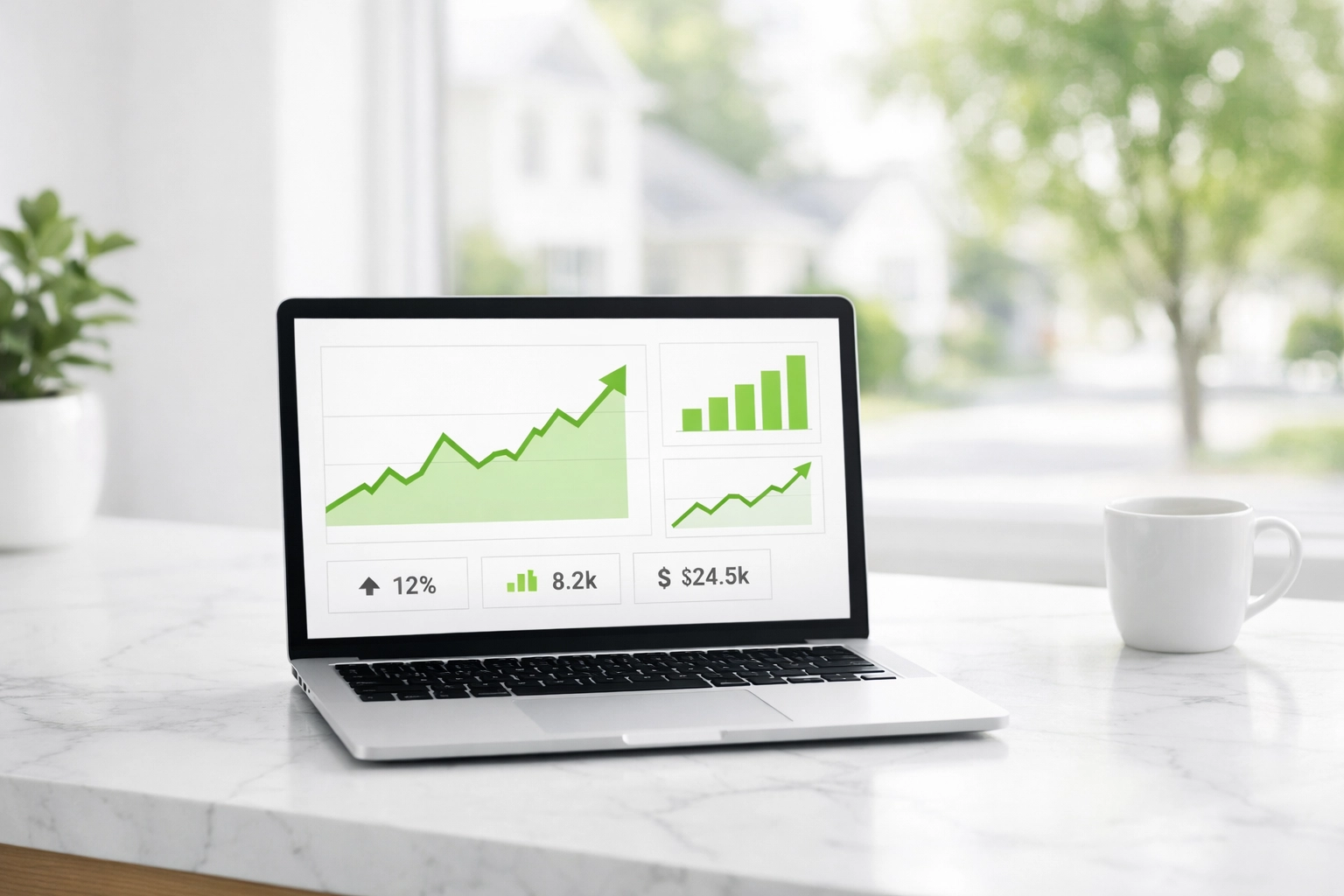 Laptop screen displaying business growth charts and lead generation analytics for a managed website.