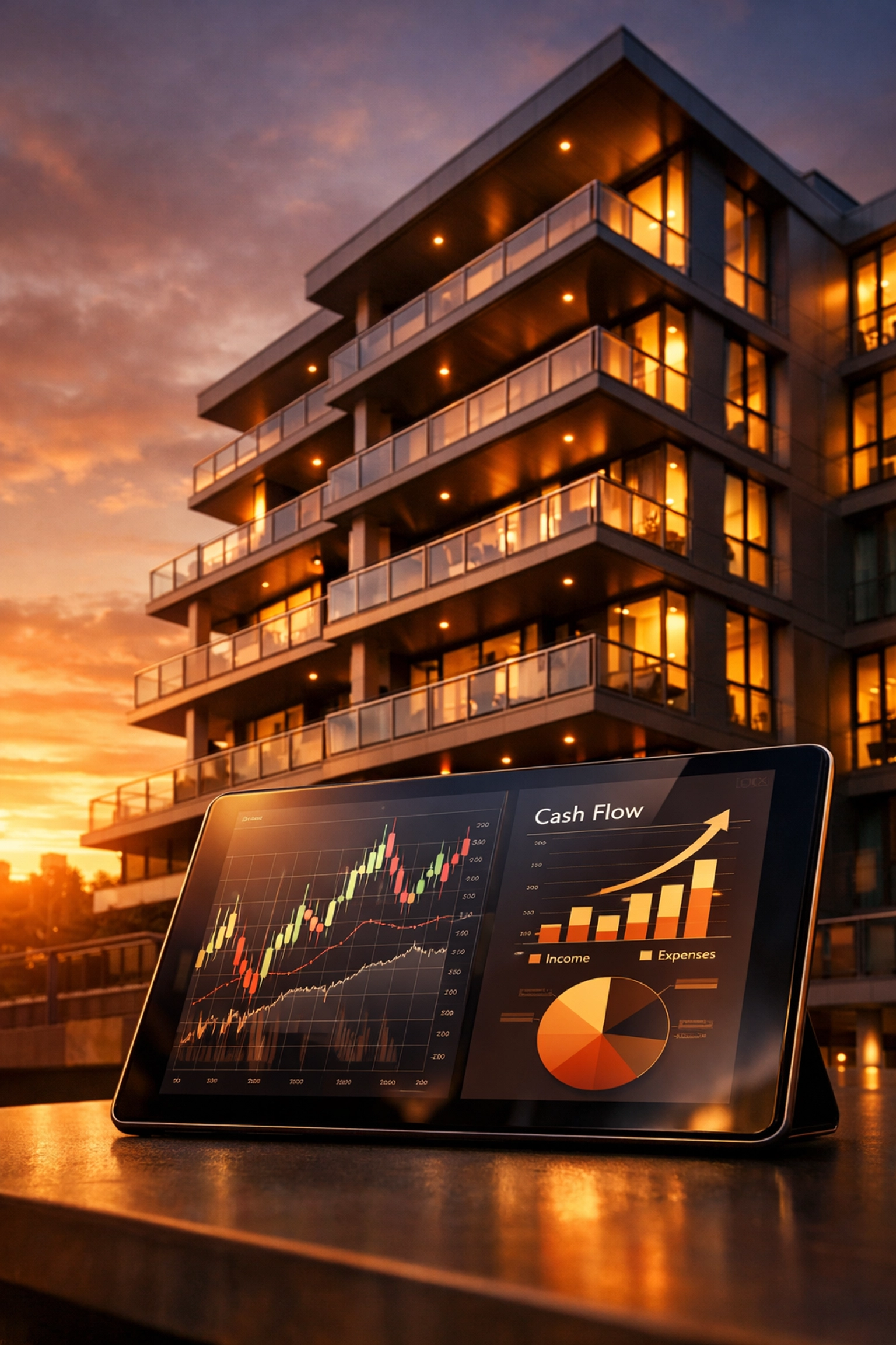 Modern commercial real estate building with financial performance metrics for investment cash flow