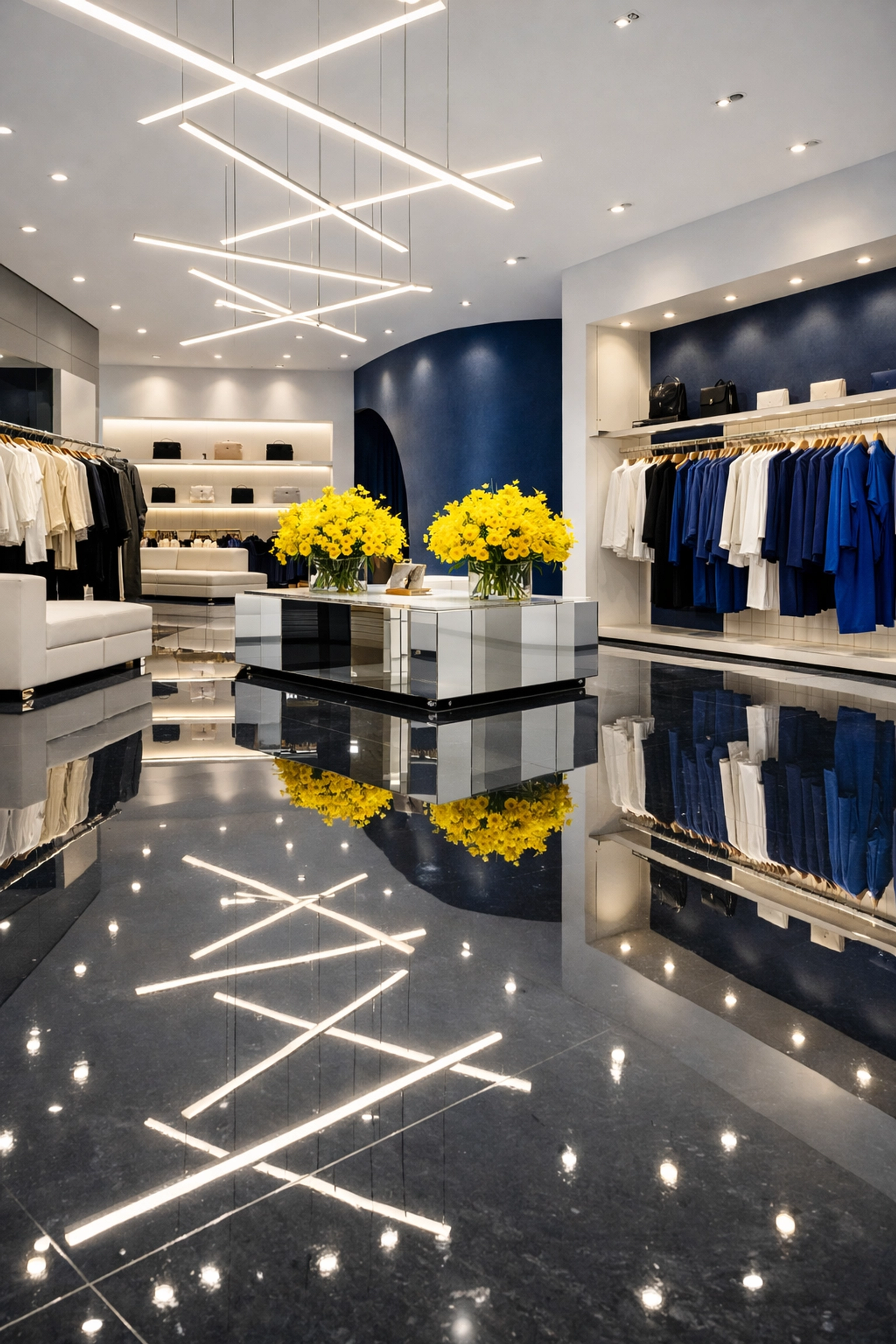 High-gloss mirror finish on a professionally waxed floor in a modern Fitchburg retail boutique.