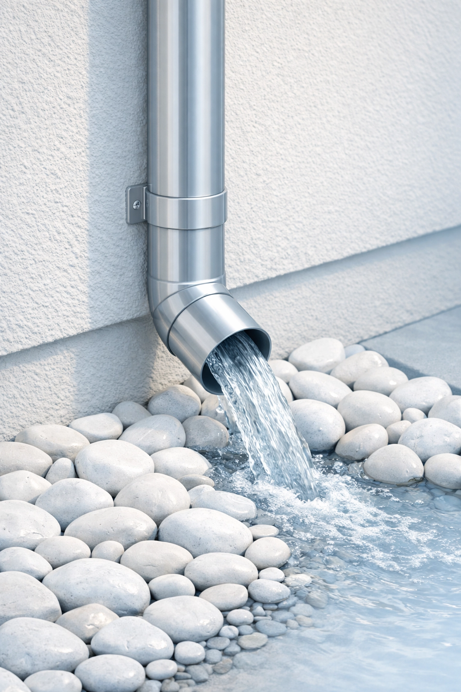 Effective metal downspout drainage system protecting a home foundation from water damage.