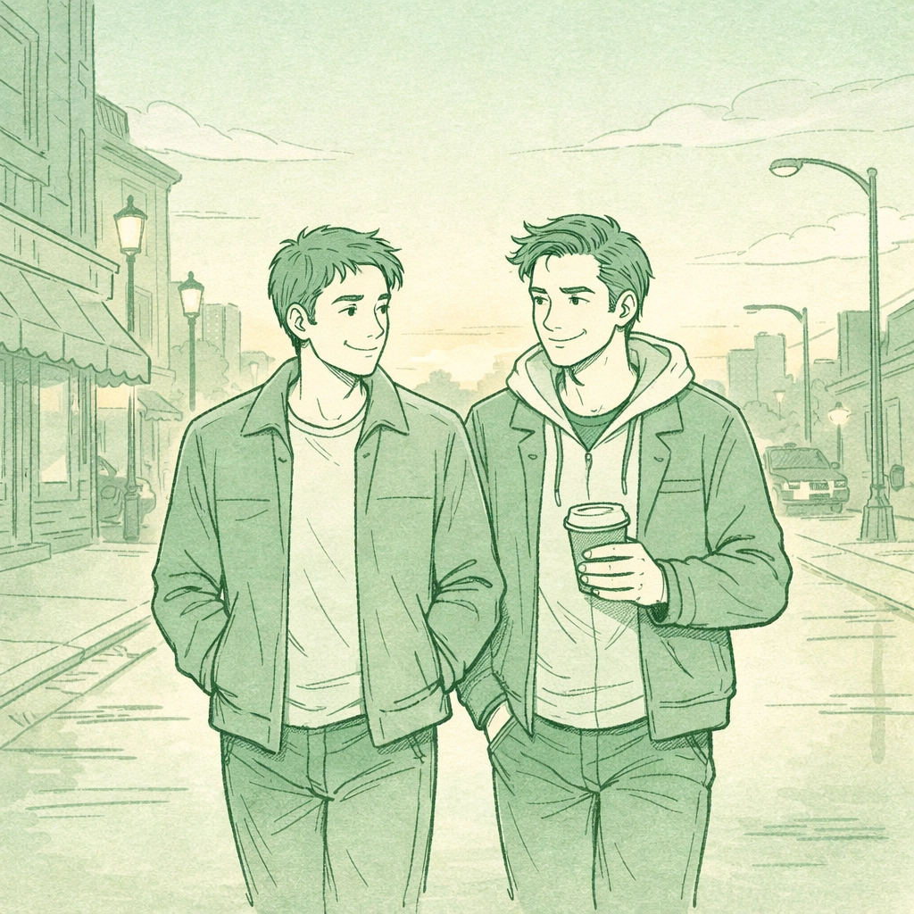 MM contemporary romance: two men walking together at dawn after first meeting