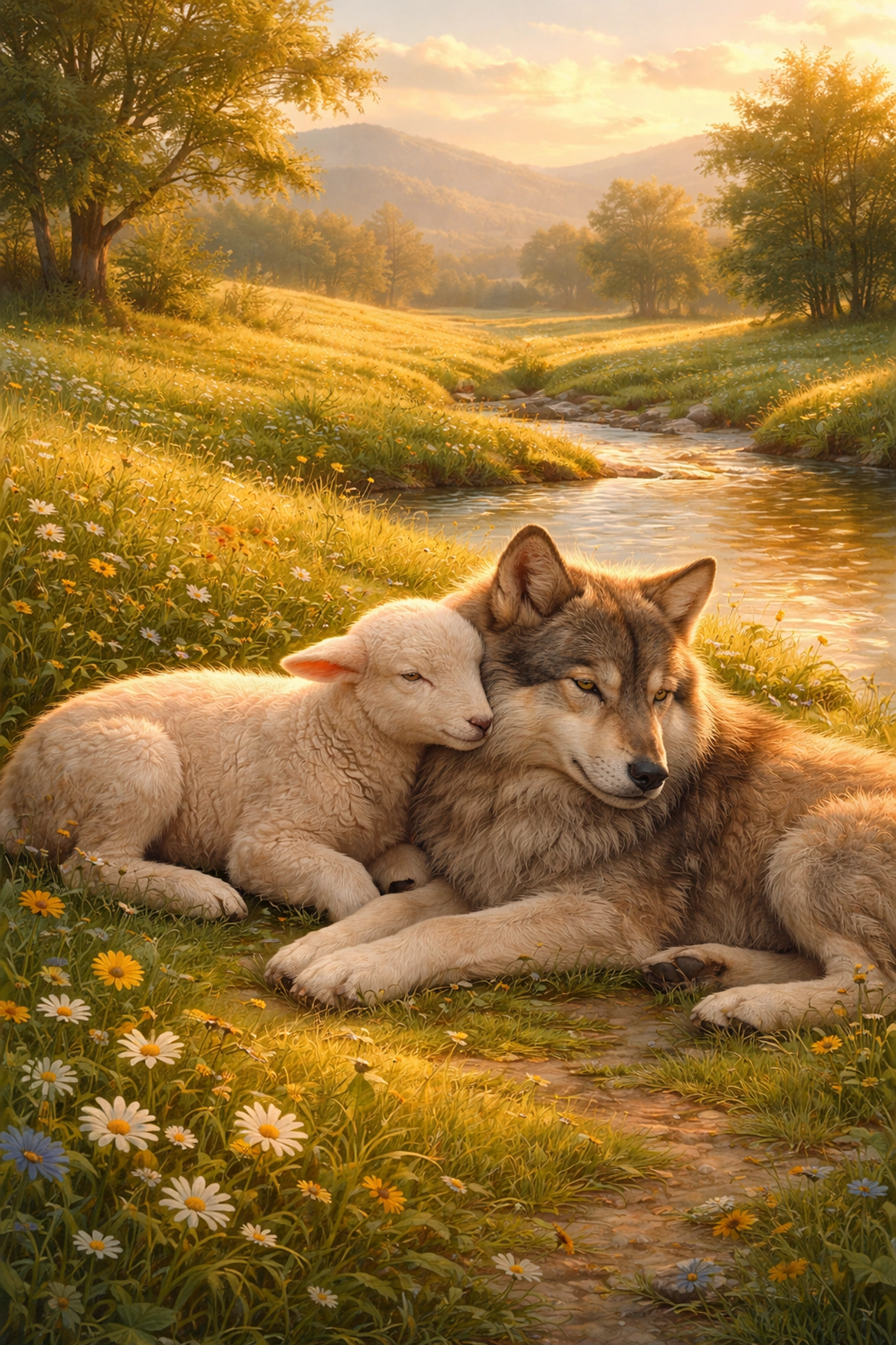 Peaceful pastoral scene with a lamb and wolf resting together, depicting the harmony of Christ’s Millennial Reign.