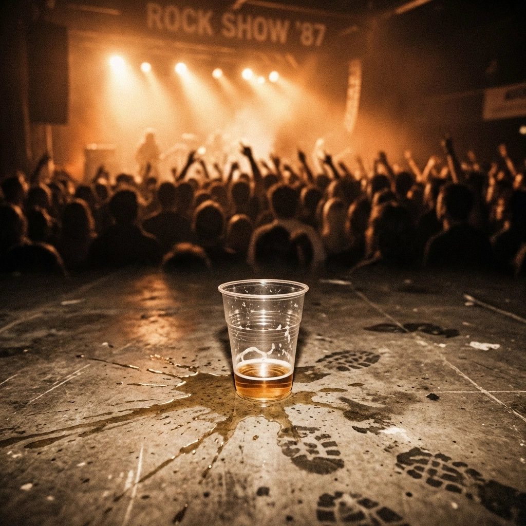 Crumpled beer cup on a sticky concert floor at an '80s rock show with a crowd, gritty and nostalgic vibe
