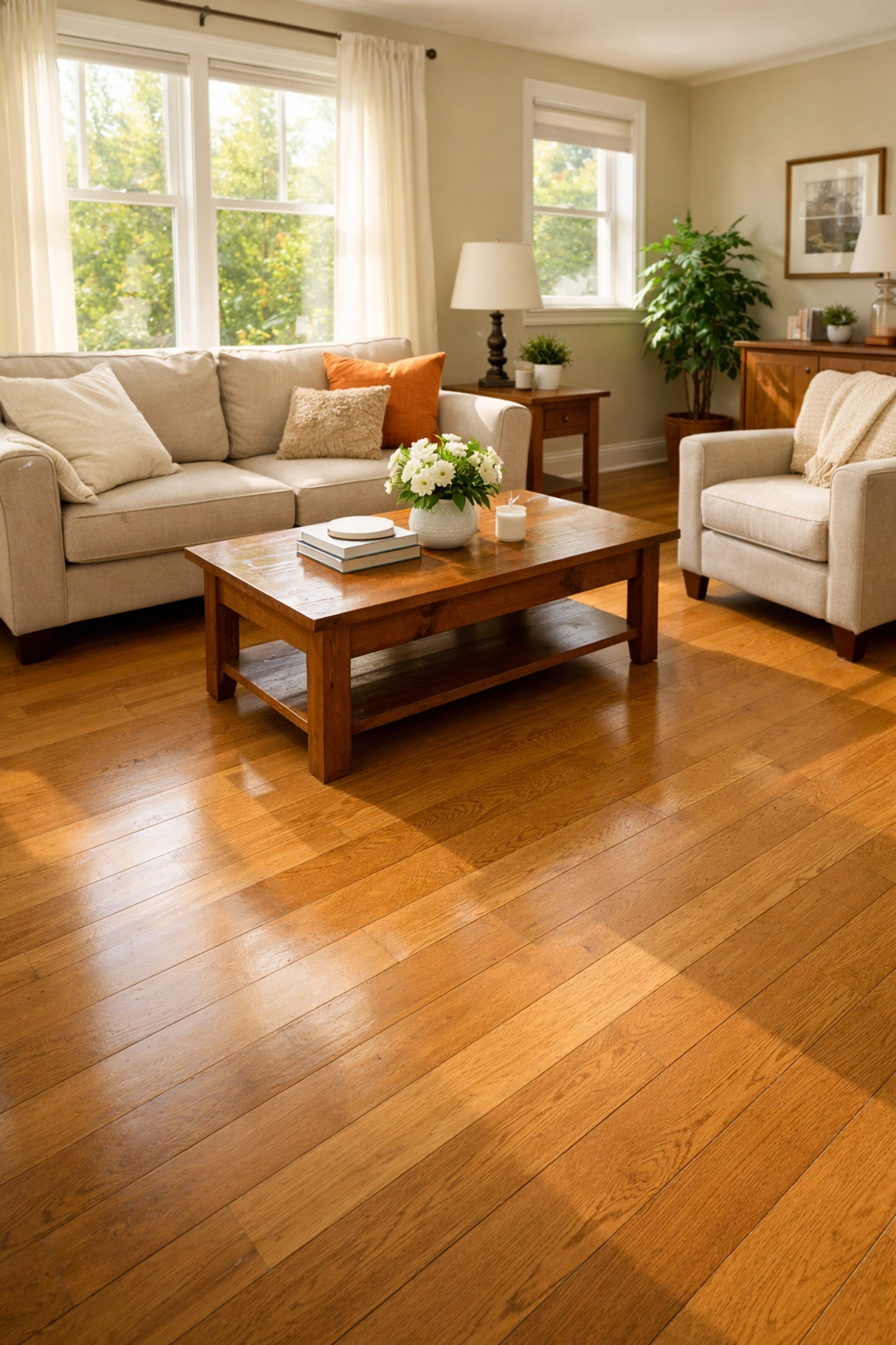 Clear, wide walking paths in a clutter-free living room to improve home safety for seniors.