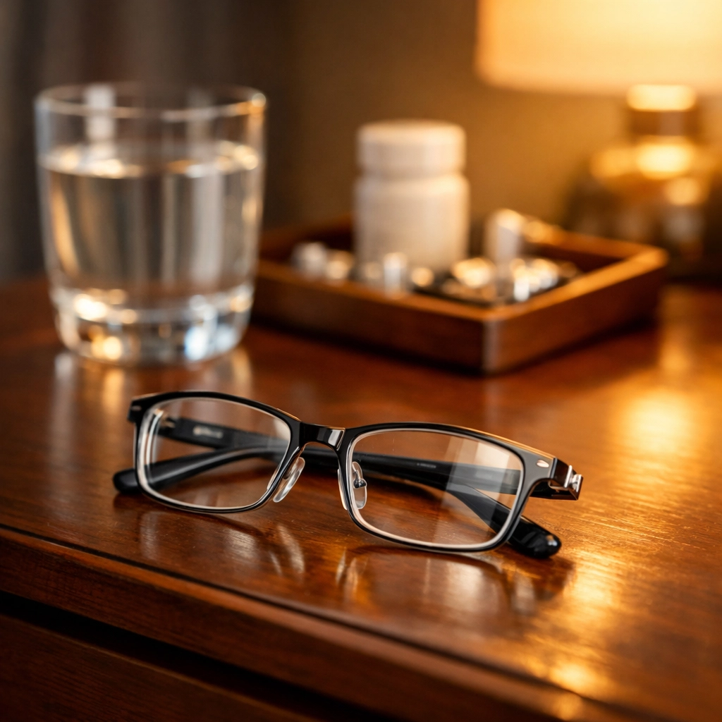 Reading glasses and water on a nightstand, representing vision care and medication management for seniors.