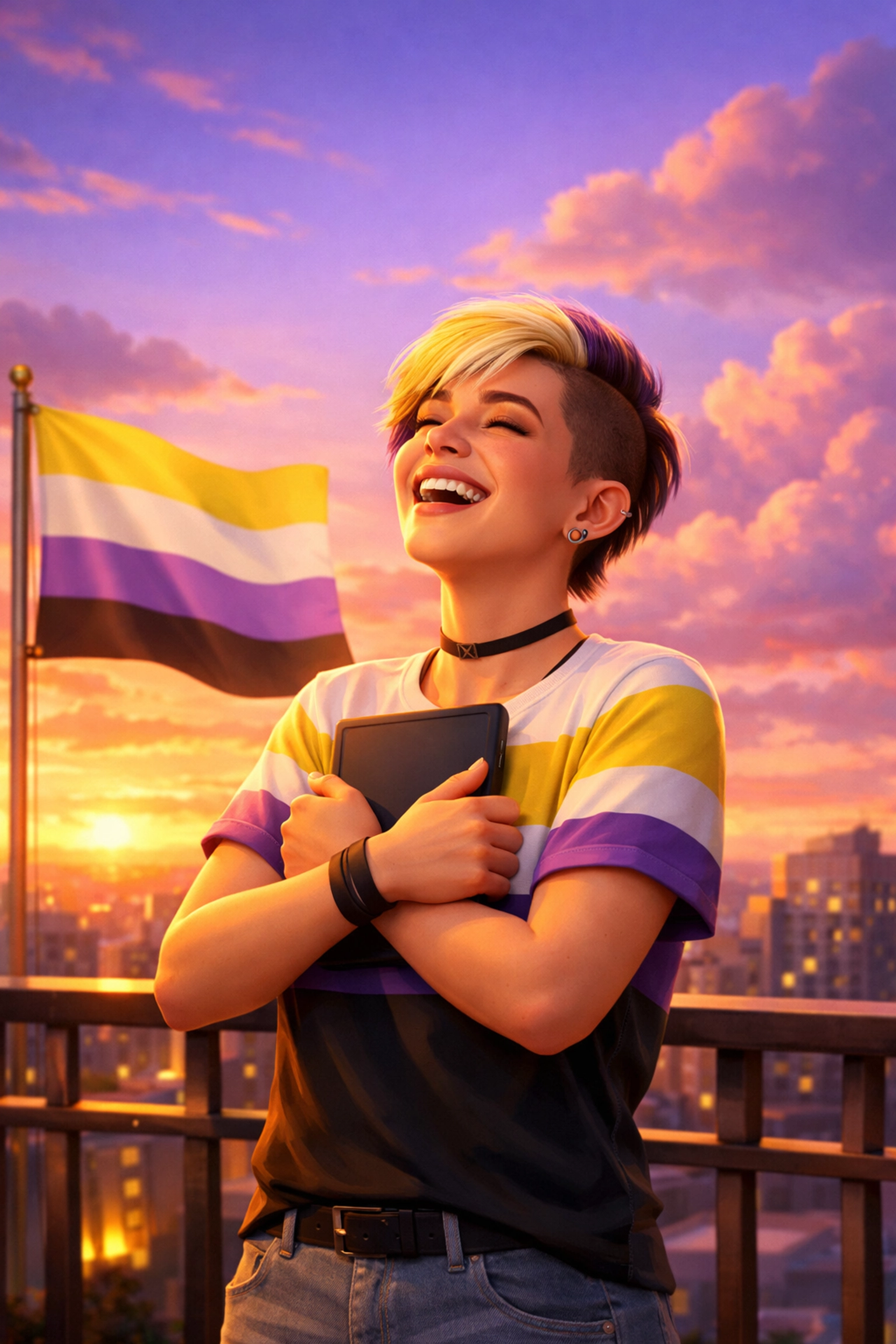 Triumphant non-binary person holding a digital reader at sunset, celebrating their new LGBTQ+ ebook.