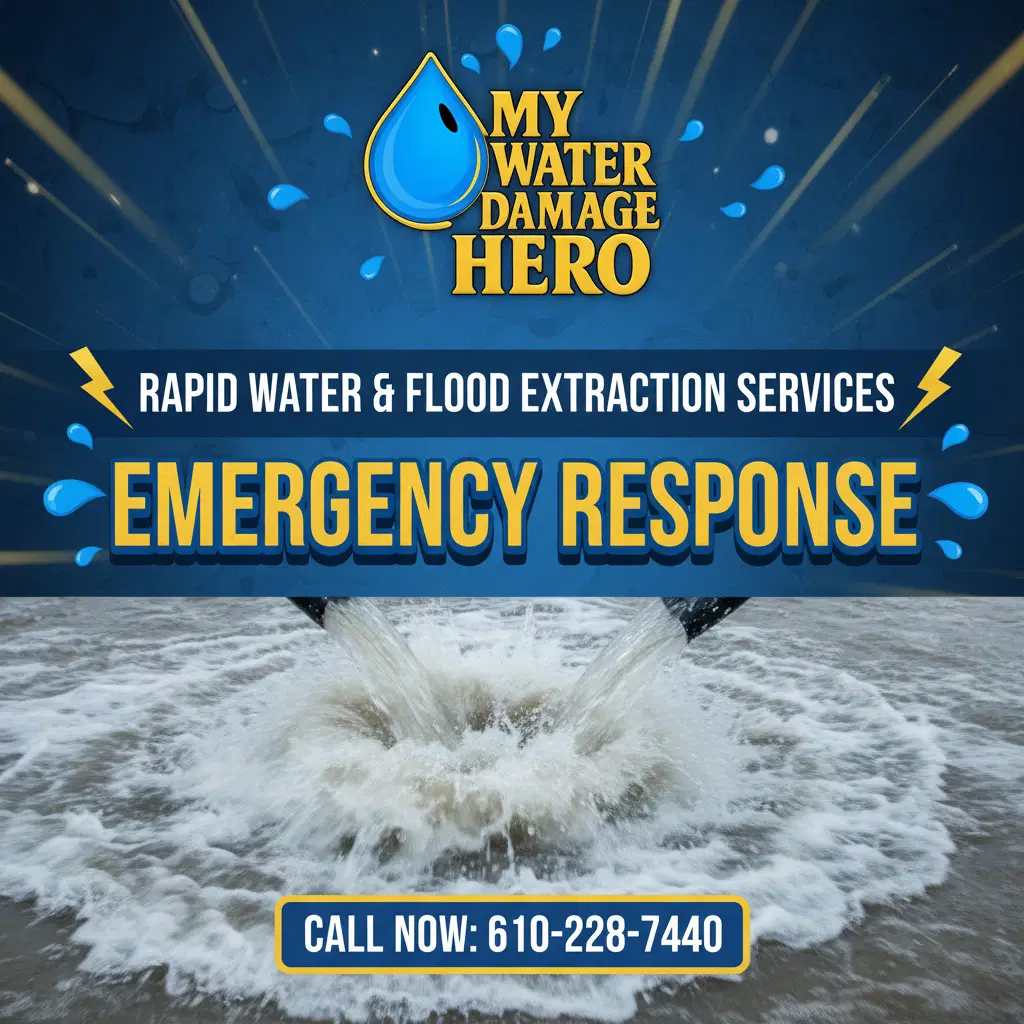 Promotional graphic for My Water Damage Hero highlighting rapid water and flood extraction