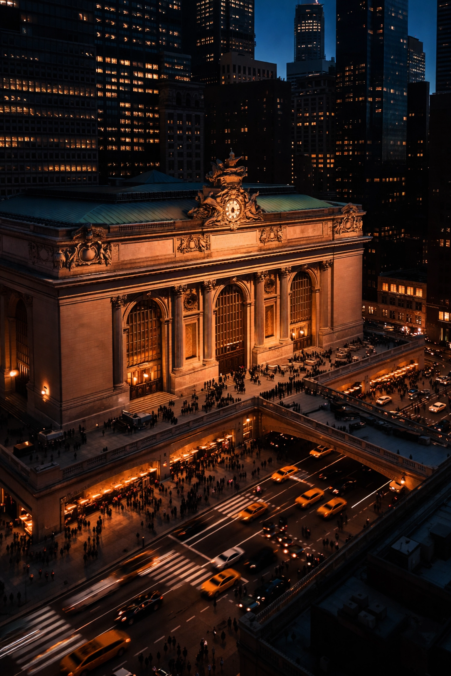 Aerial view of Grand Central Terminal at dusk, showcasing NYC’s Midtown hub as an ideal spot for quick phone repair.