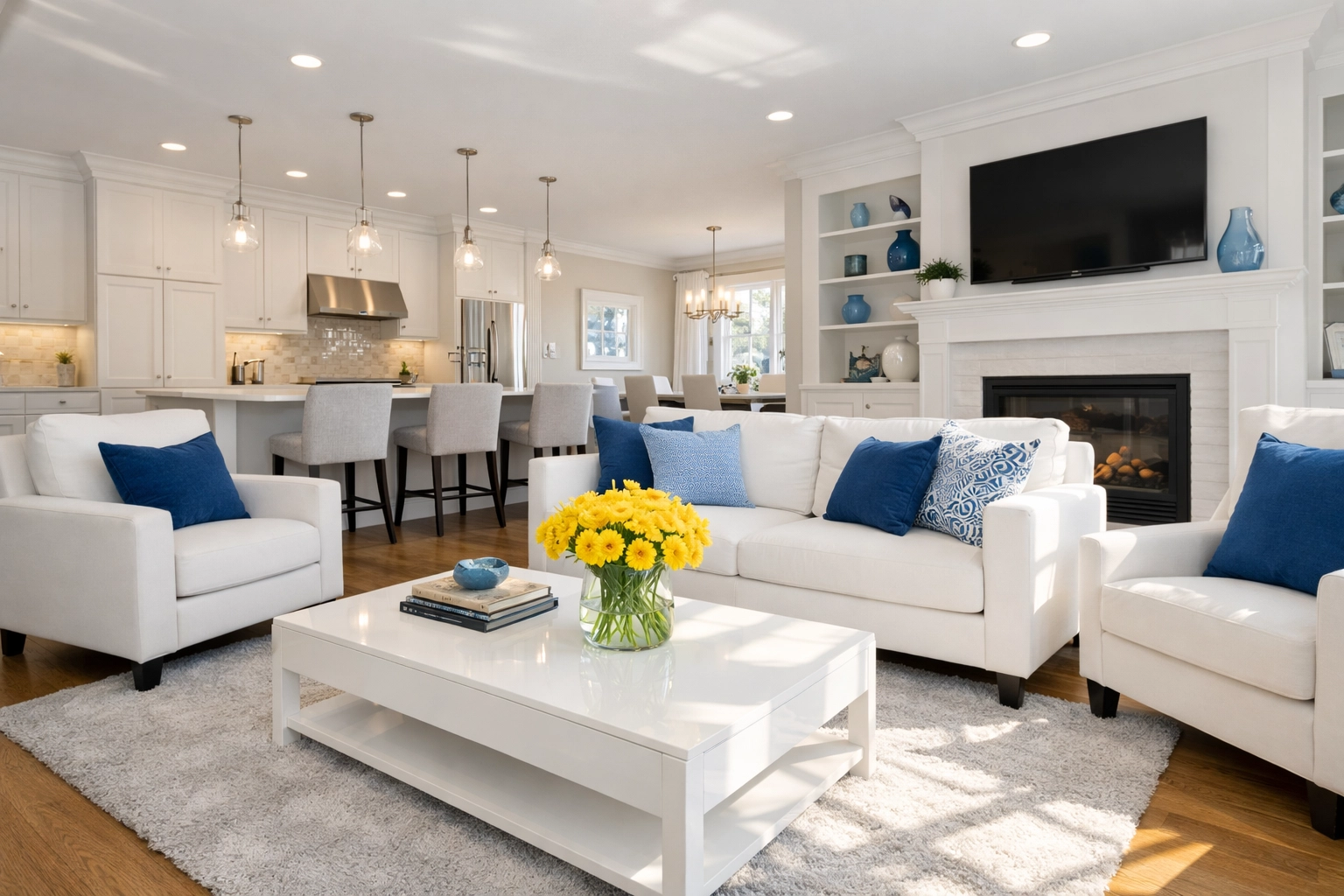 Pristine living room showing the results of a high-end deep cleaning Lowell professional session.
