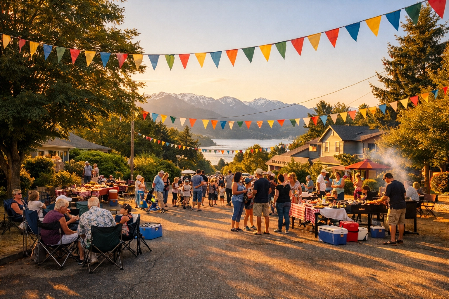 Community members enjoying a friendly neighborhood block party in a scenic Comox Valley street.